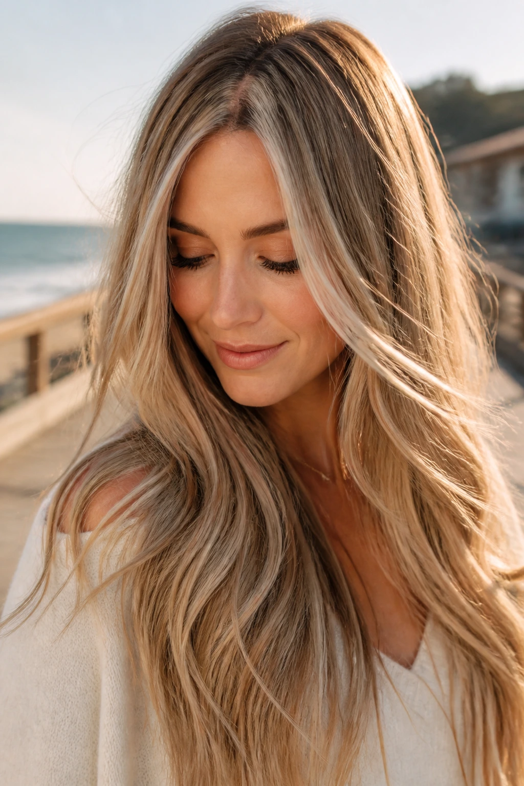 Close-up of a real woman's long hair with beige babylights softly woven