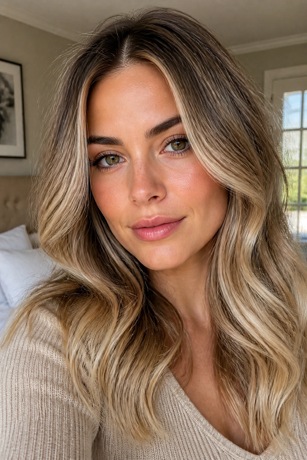 Close-up of a real woman with beige blonde balayage and soft root shadow
