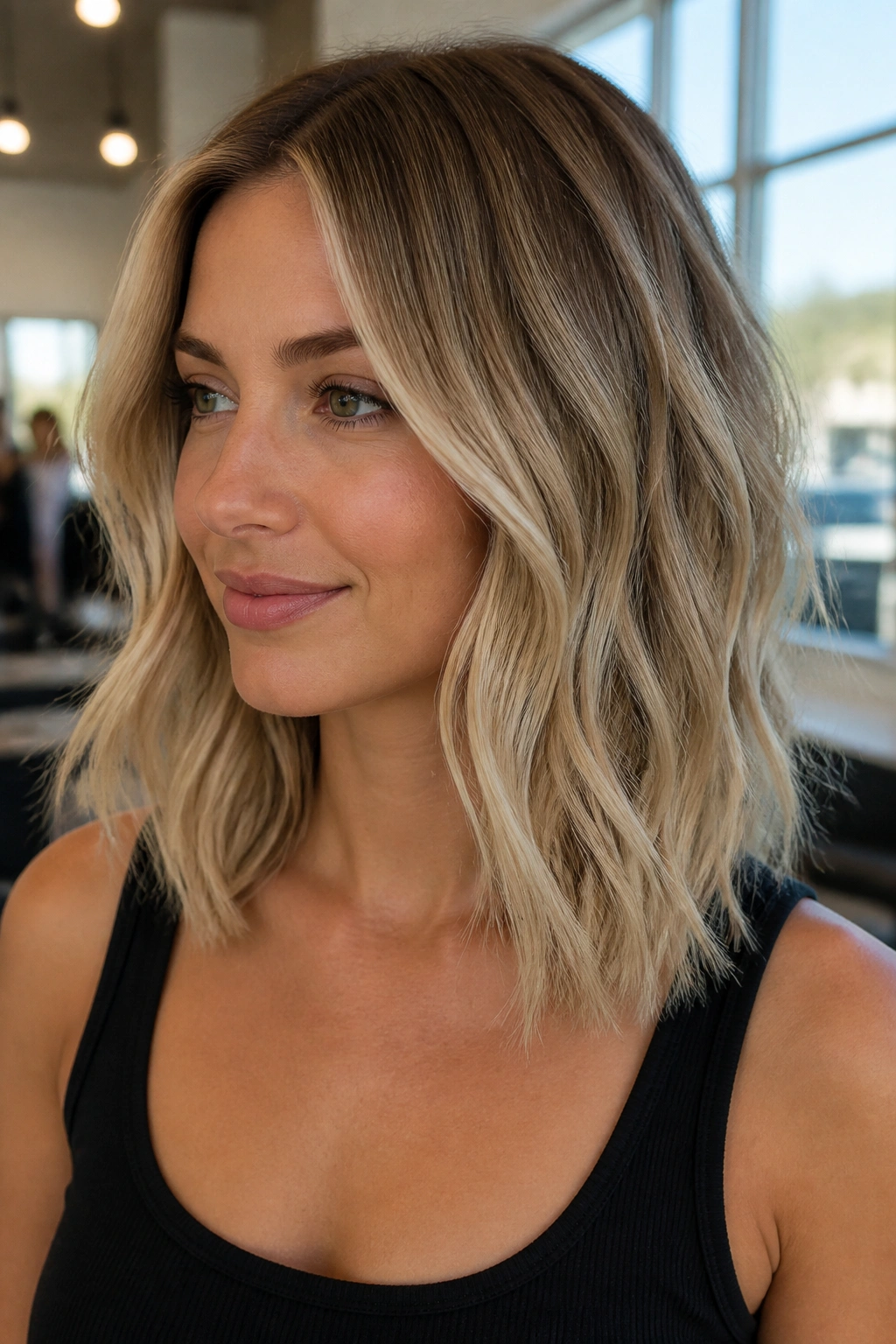 Close-up portrait of a woman with collarbone-length hair in beige blonde balayage.
