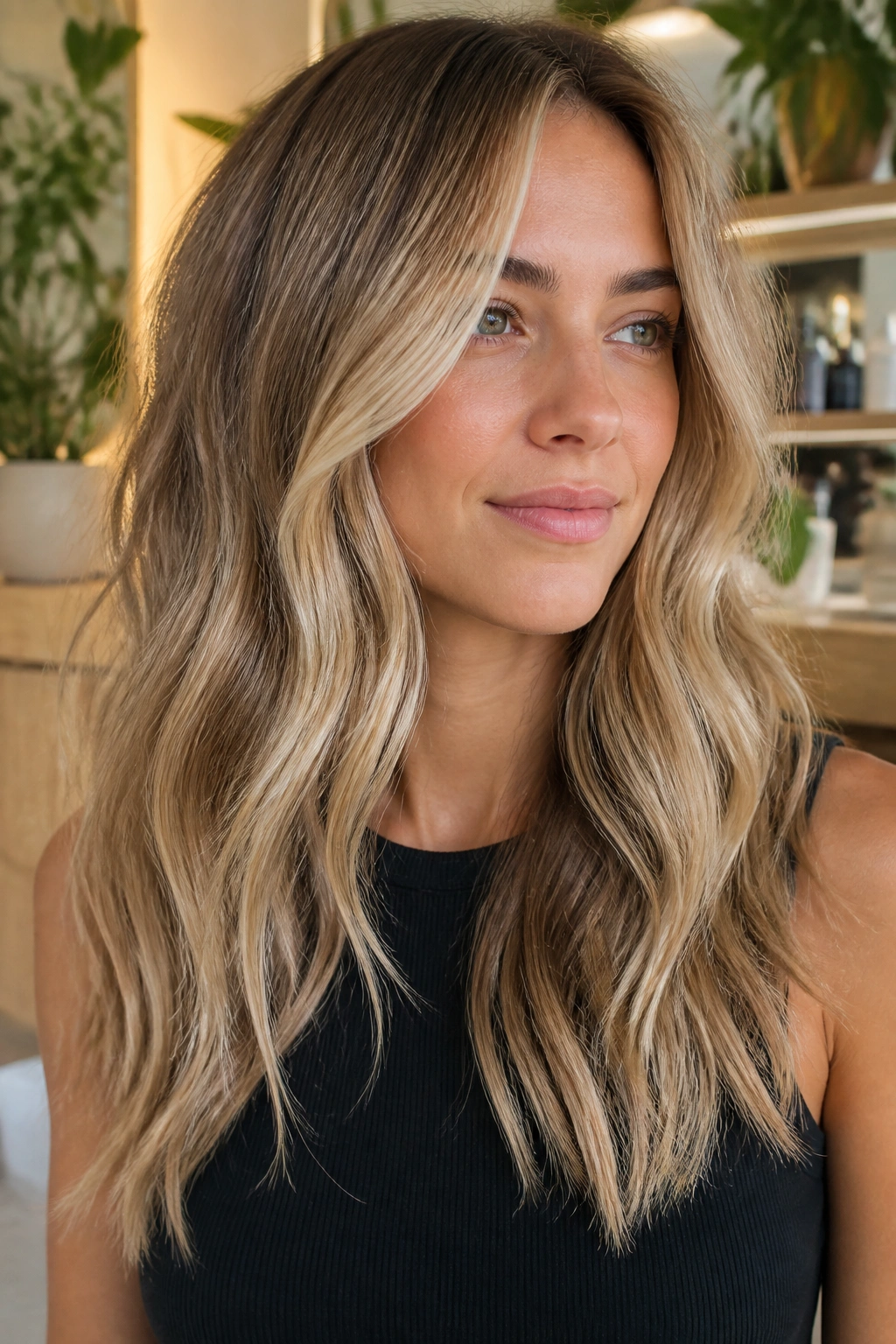 Close-up of a real woman with beige blonde balayage and soft face-framing highlights in a sunlit salon