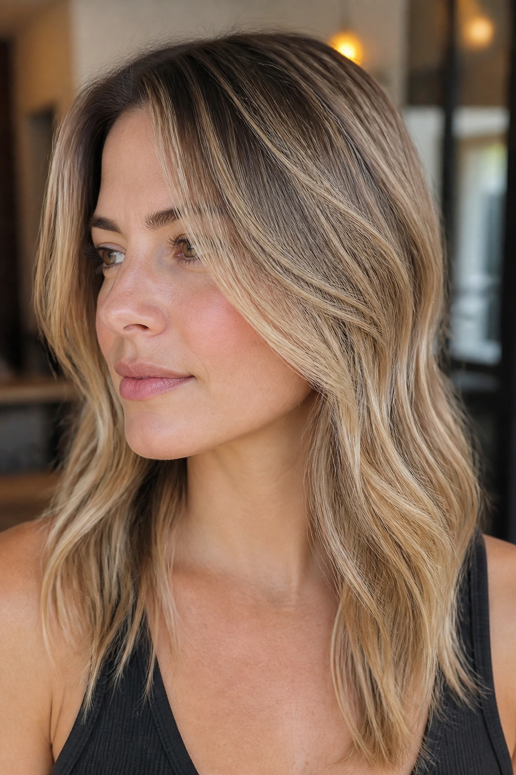 Close-up of a real woman with dark blonde hair and beige veil-like highlights.