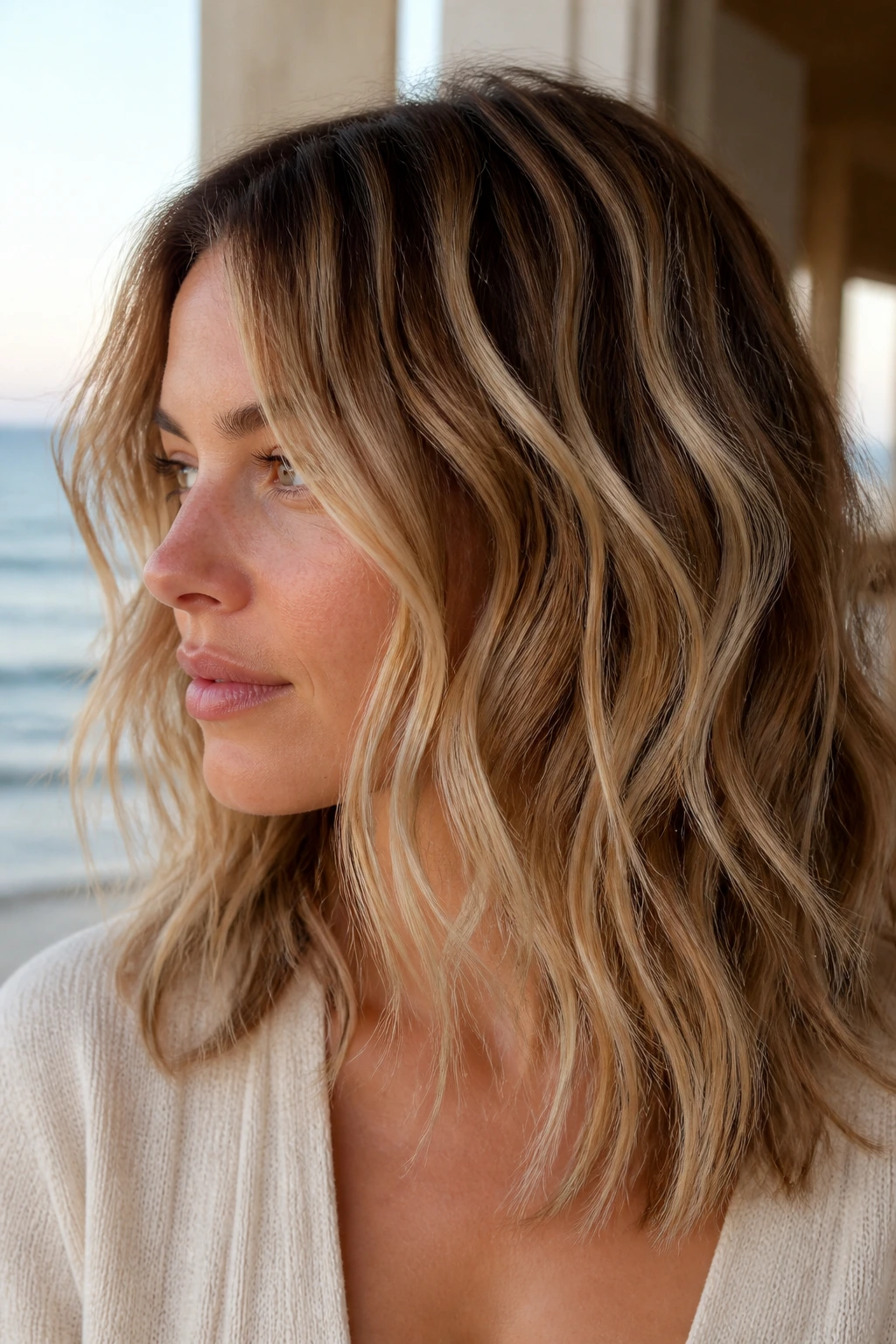 Close-up of beige blonde surf ribbons in wavy hair on a real person