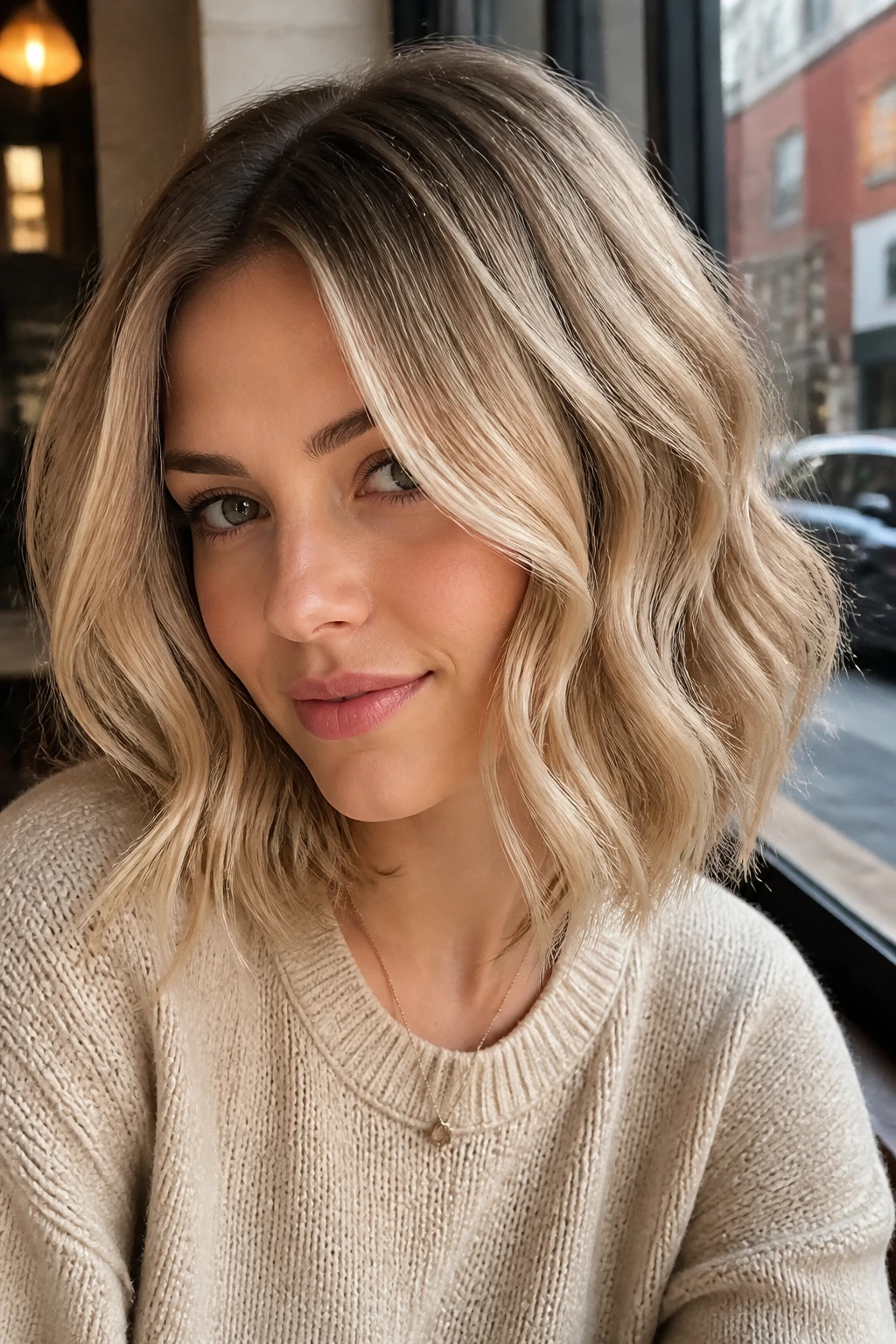 Close-up of beige blonde balayage on a wavy lob