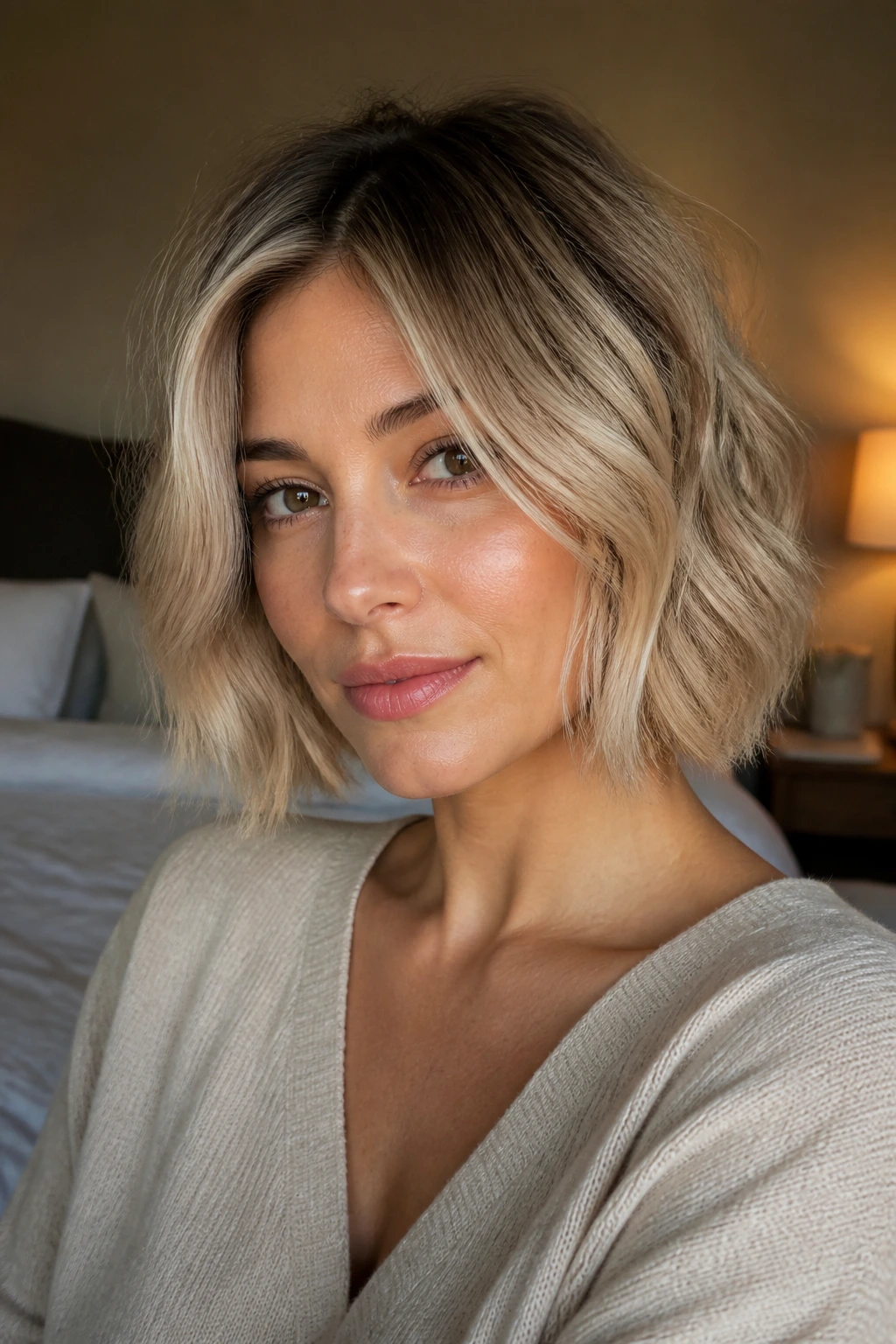 Close-up of a real woman with a beige blonde bob and dark roots.