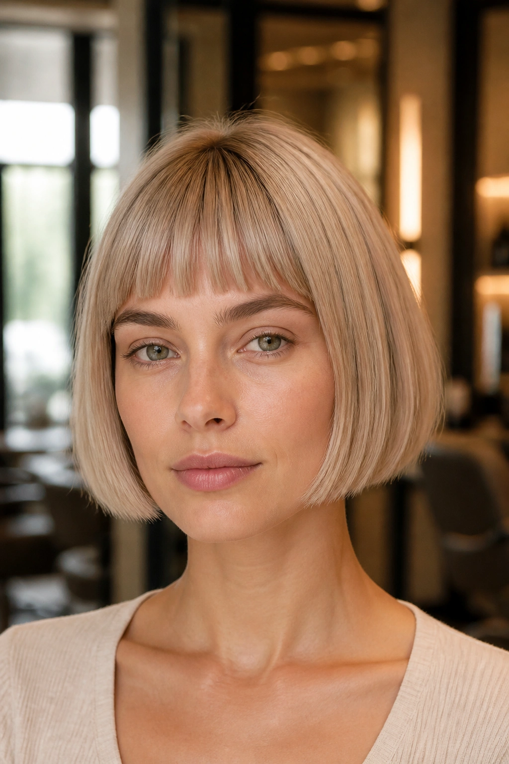 Close-up portrait of a real person with beige French bob hairstyle.