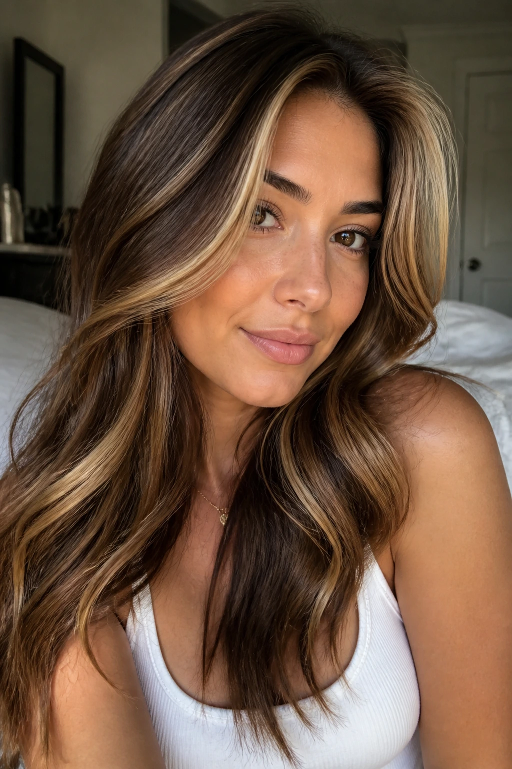 Close-up portrait of chestnut hair with beige blonde chunky highlights on a real woman.