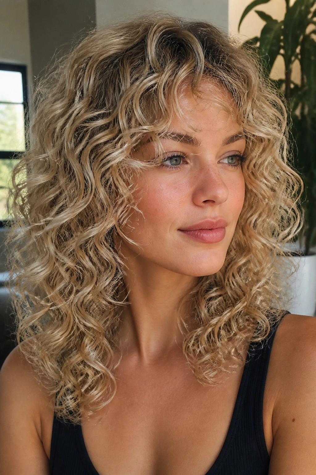 Close-up of a real woman with beige blonde curly layers