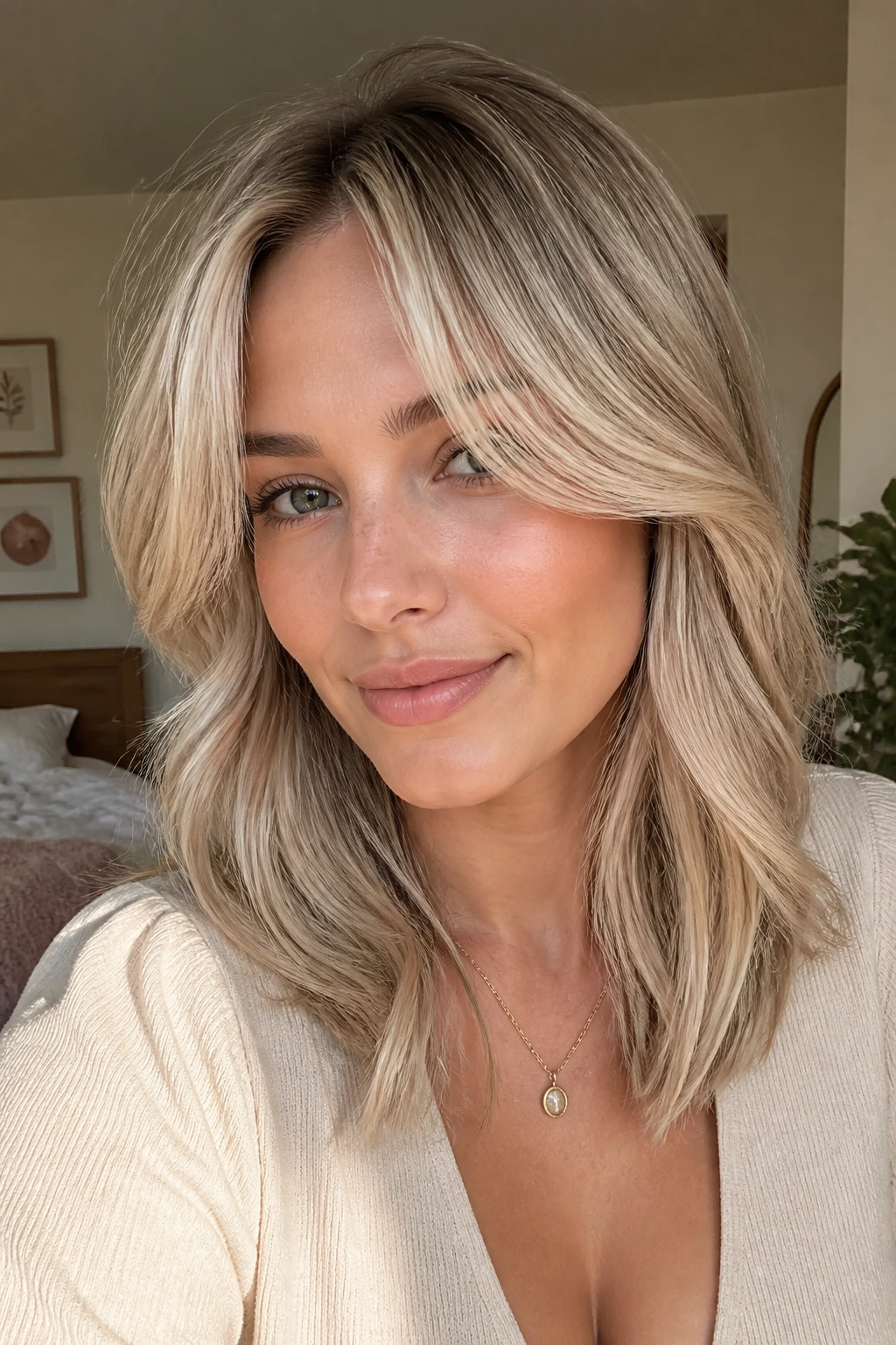Close-up of beige blonde hair with curtain bangs on a real woman in natural window light