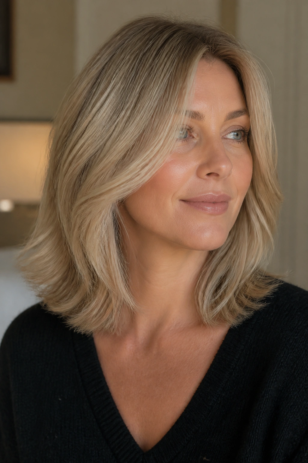 Real woman with beige blonde hair and feathered ends