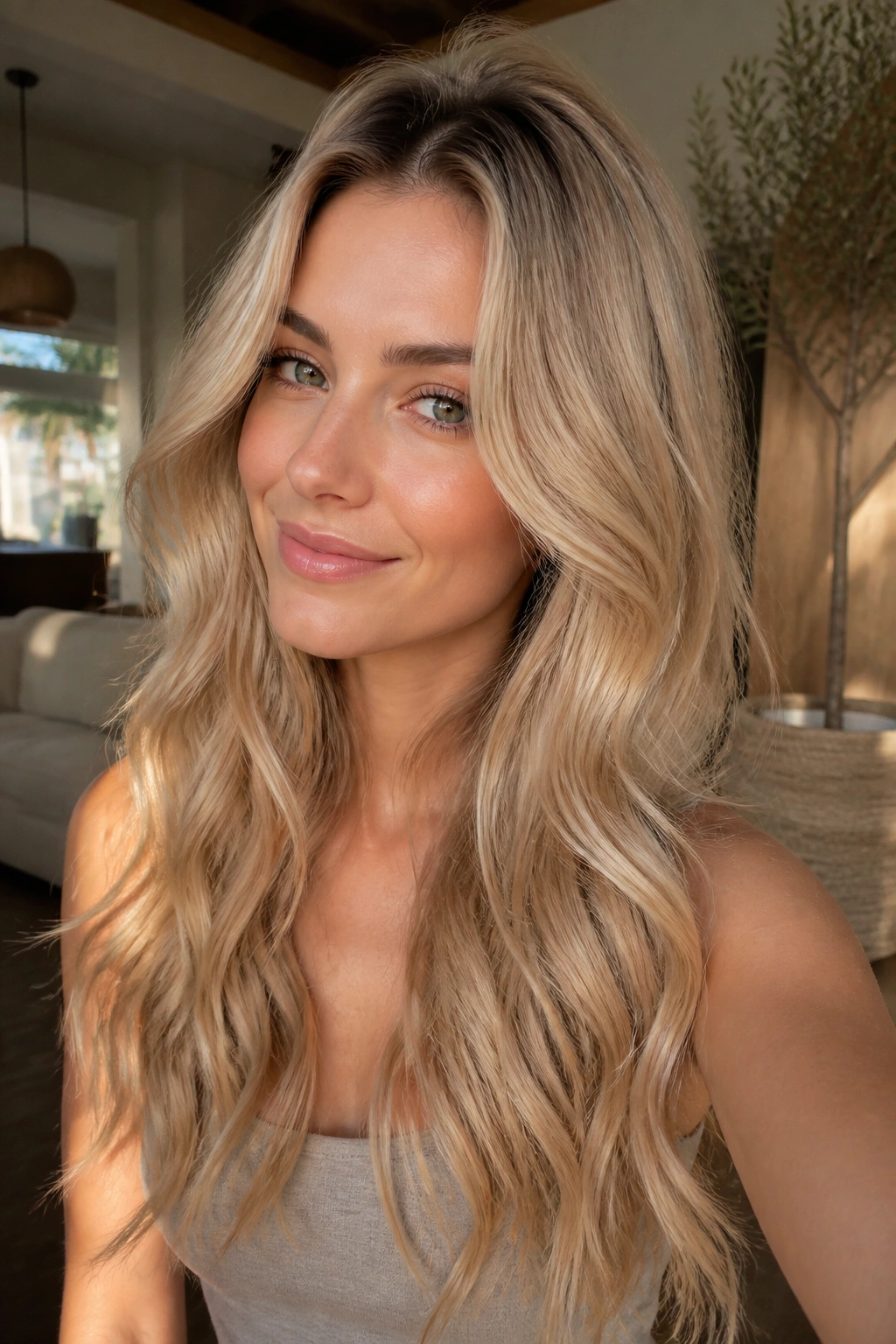 Close-up of a real woman with beige blonde long hair and subtle dimension