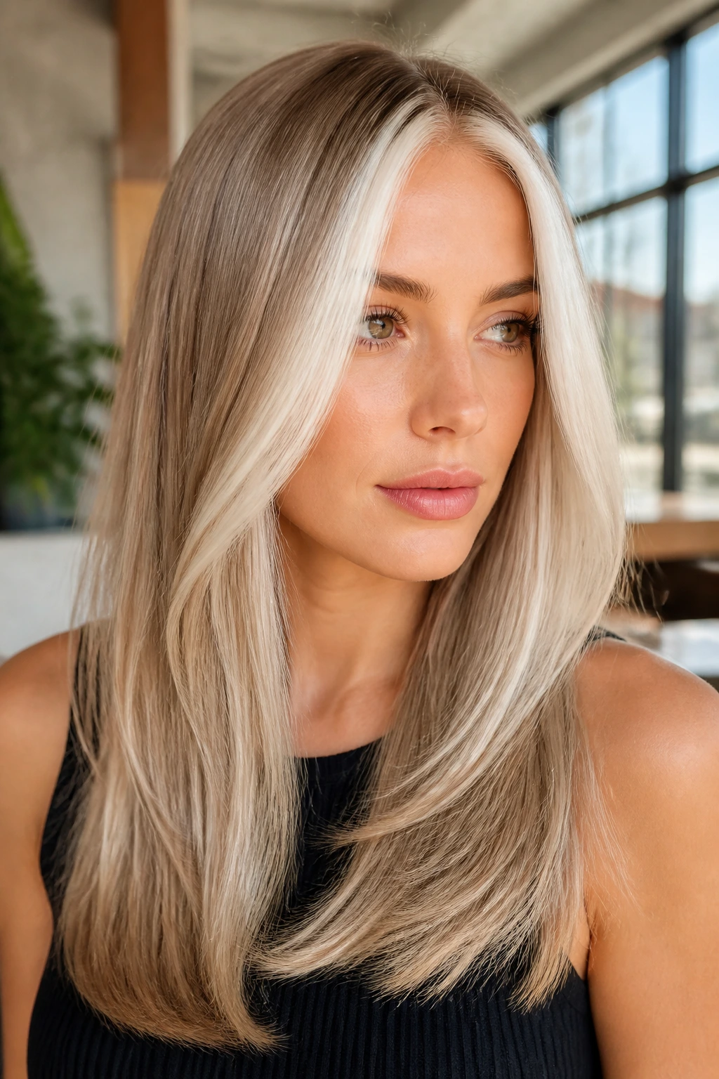 Portrait of a woman with beige blonde hair and icy front money piece