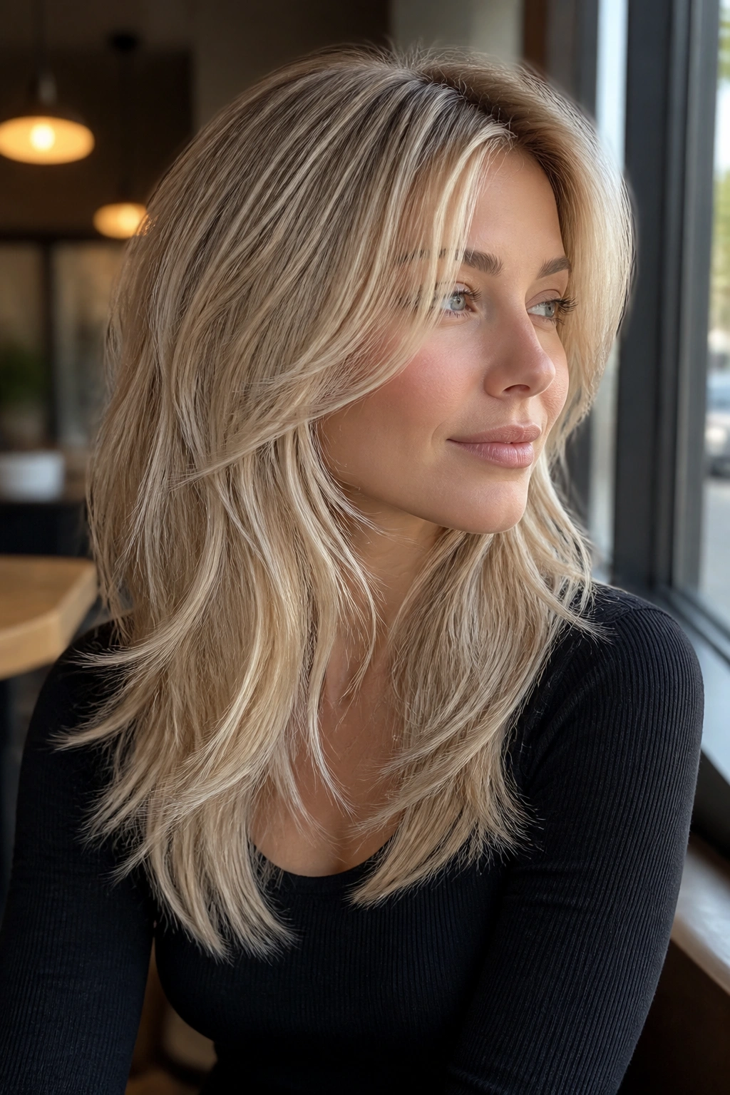 Close-up of a real person with bright beige blonde layered haircut