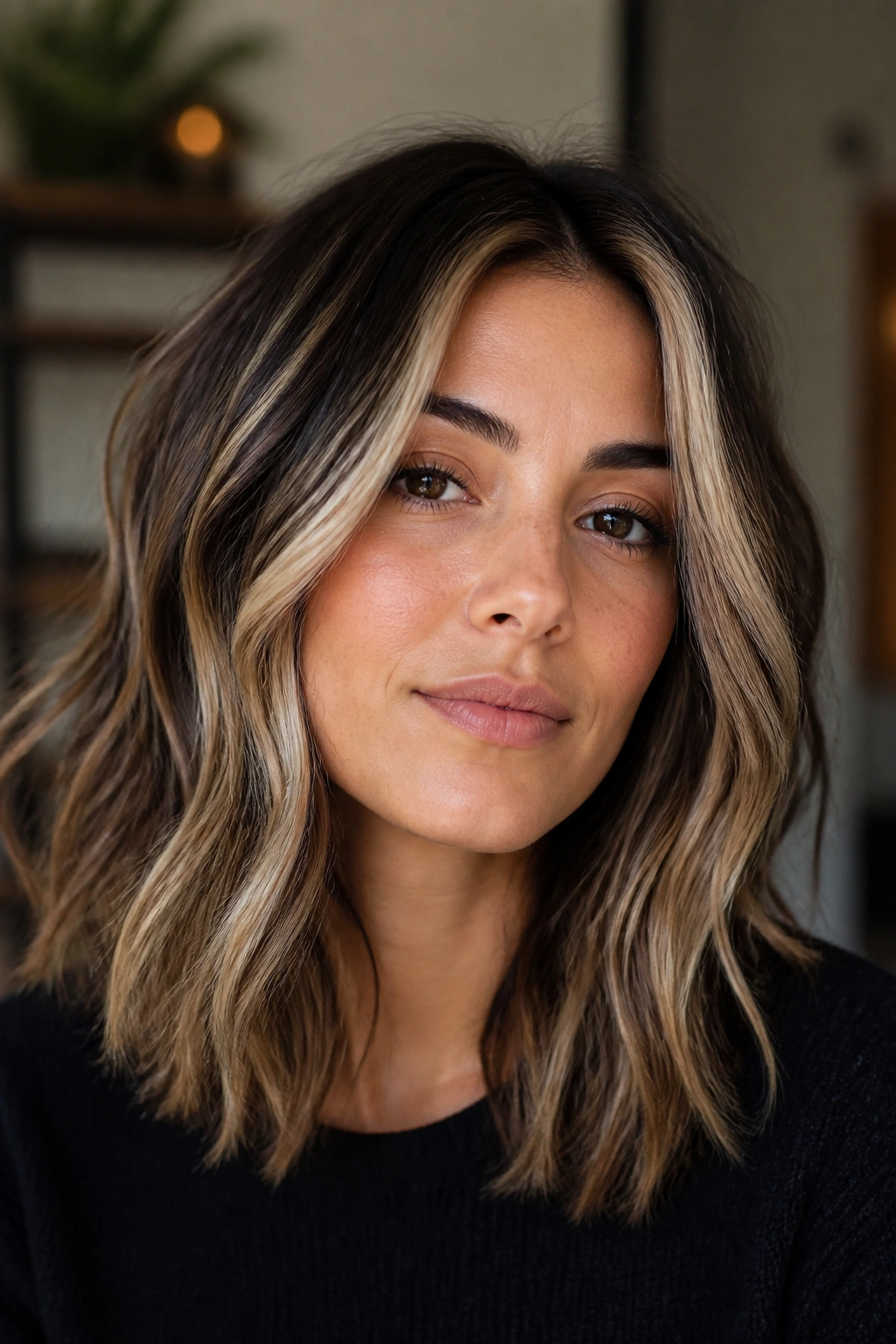 Portrait of beige blonde ribbons on midlength hair