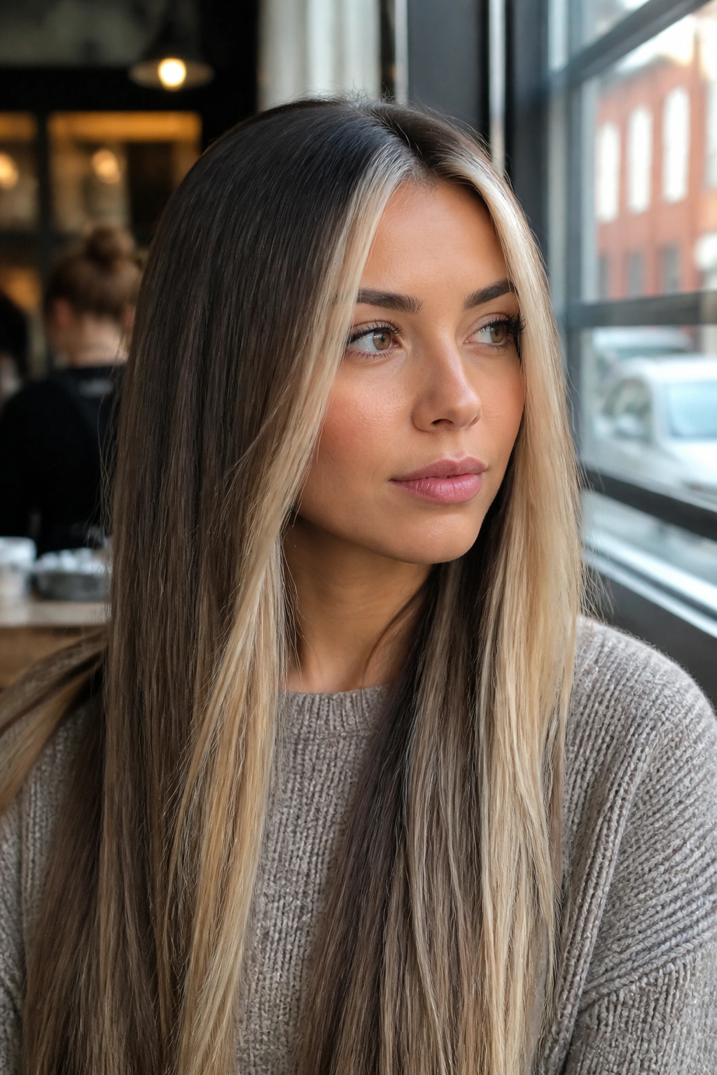 Close-up portrait of beige blonde money piece on straight hair