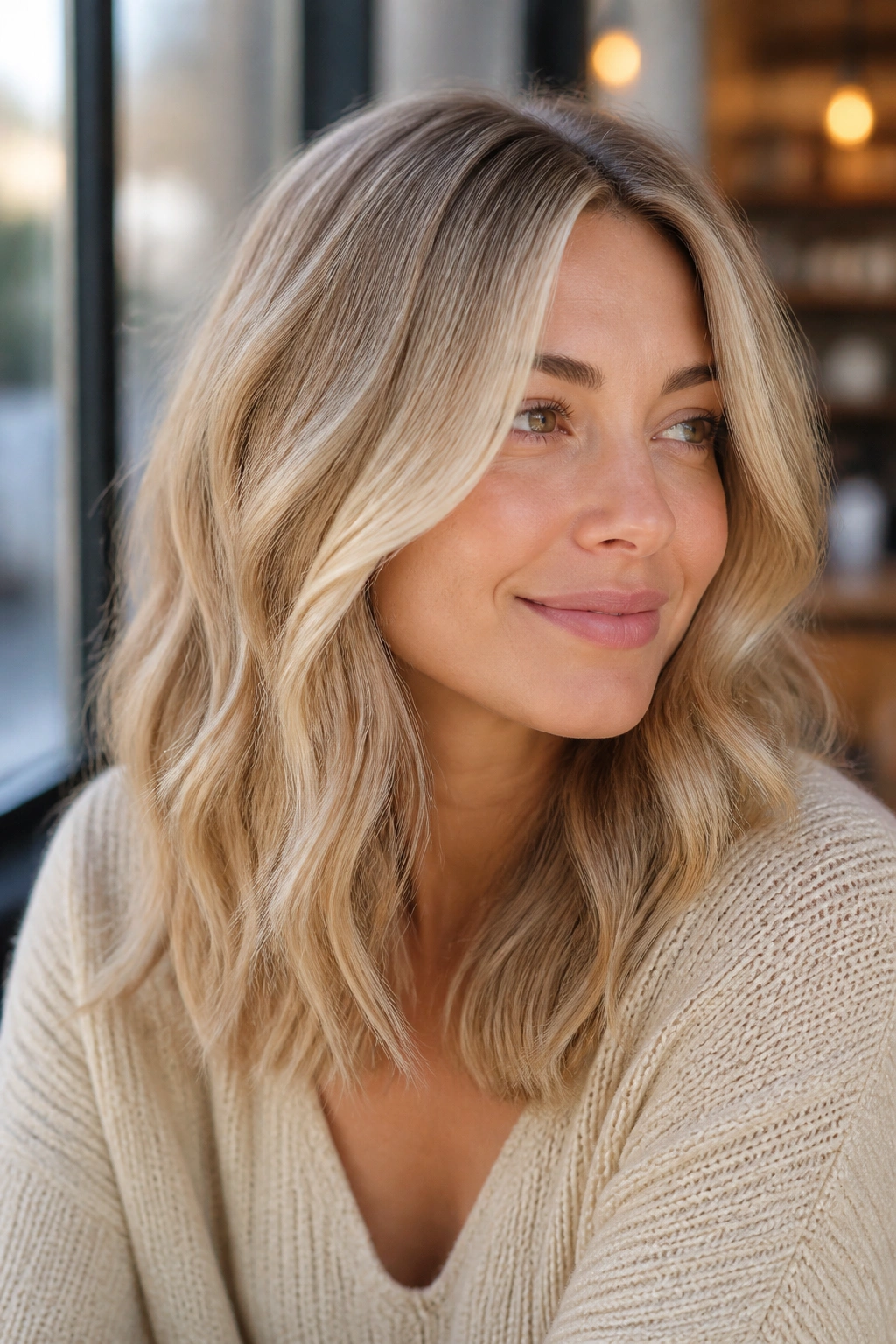 Close-up of a real woman with beige blonde waves and soft money pieces.