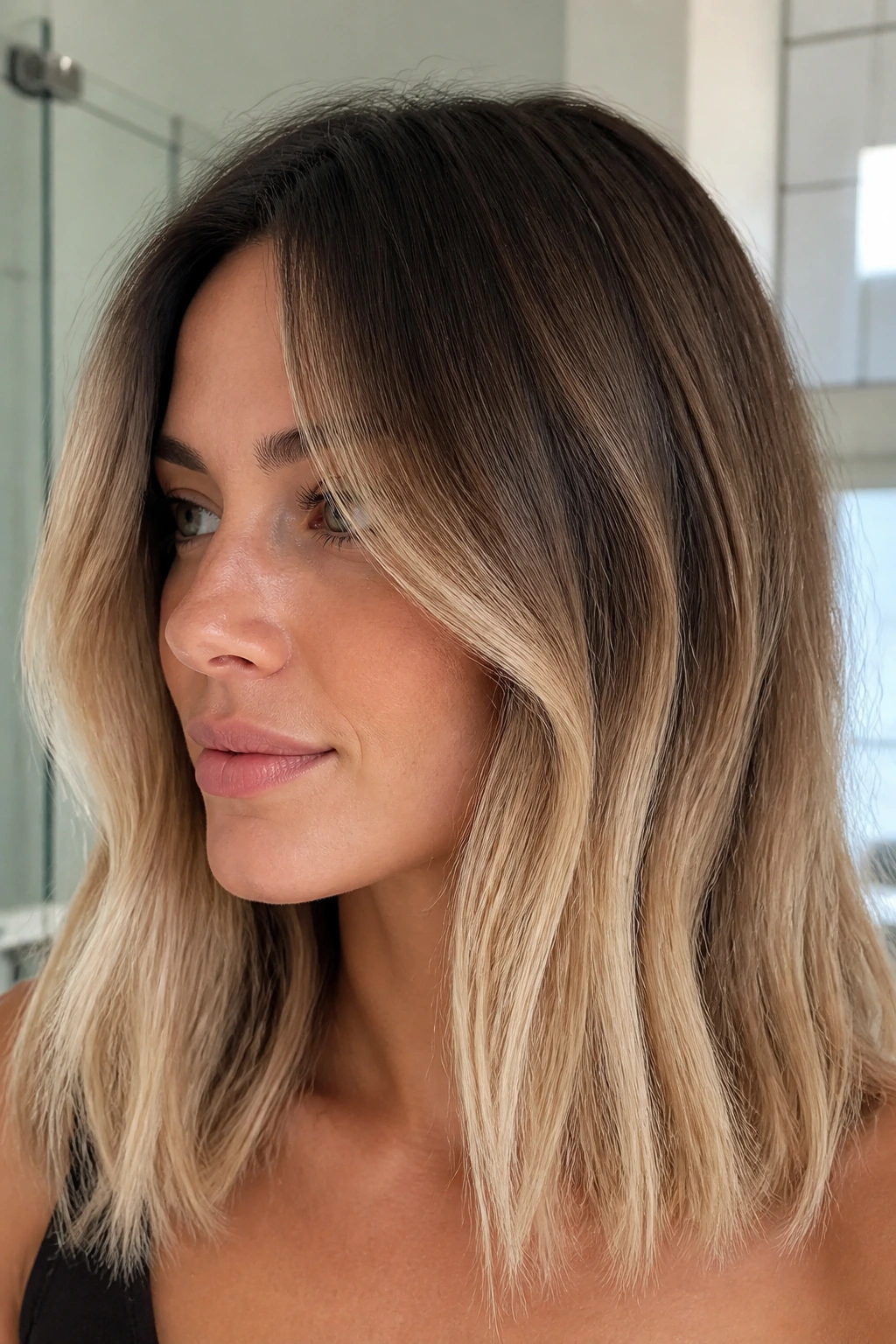 Close-up of a real woman with grown-out beige blonde ombre hair
