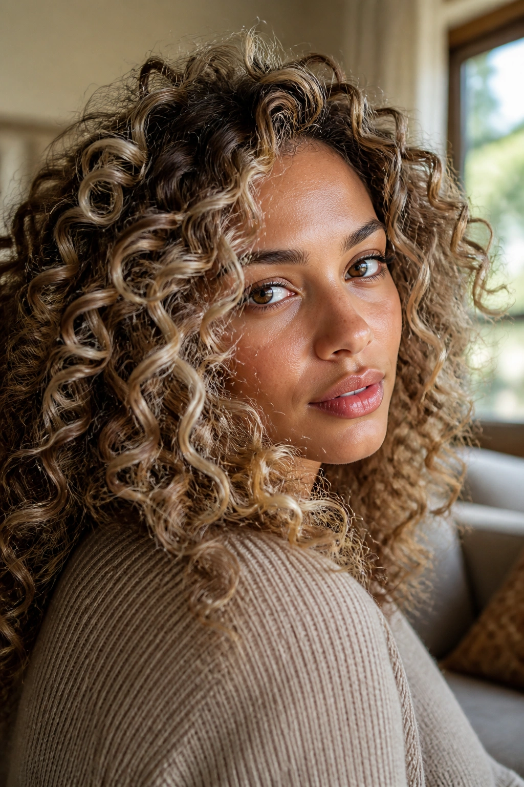 Close-up of a real woman's curls with beige blonde woven ribbons in natural light