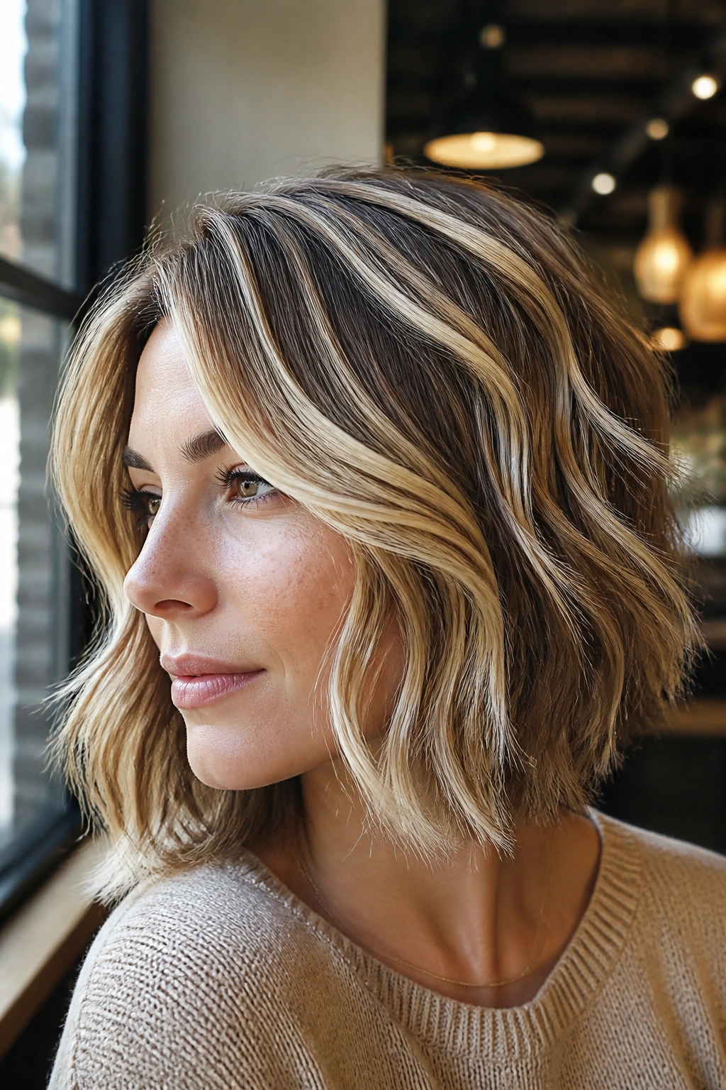 Beige blonde ribbons woven through a textured lob on a real person.
