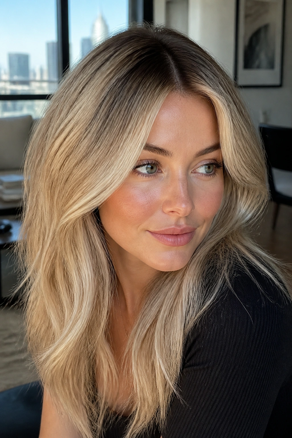 Close-up portrait of beige blonde hair with a soft root melt