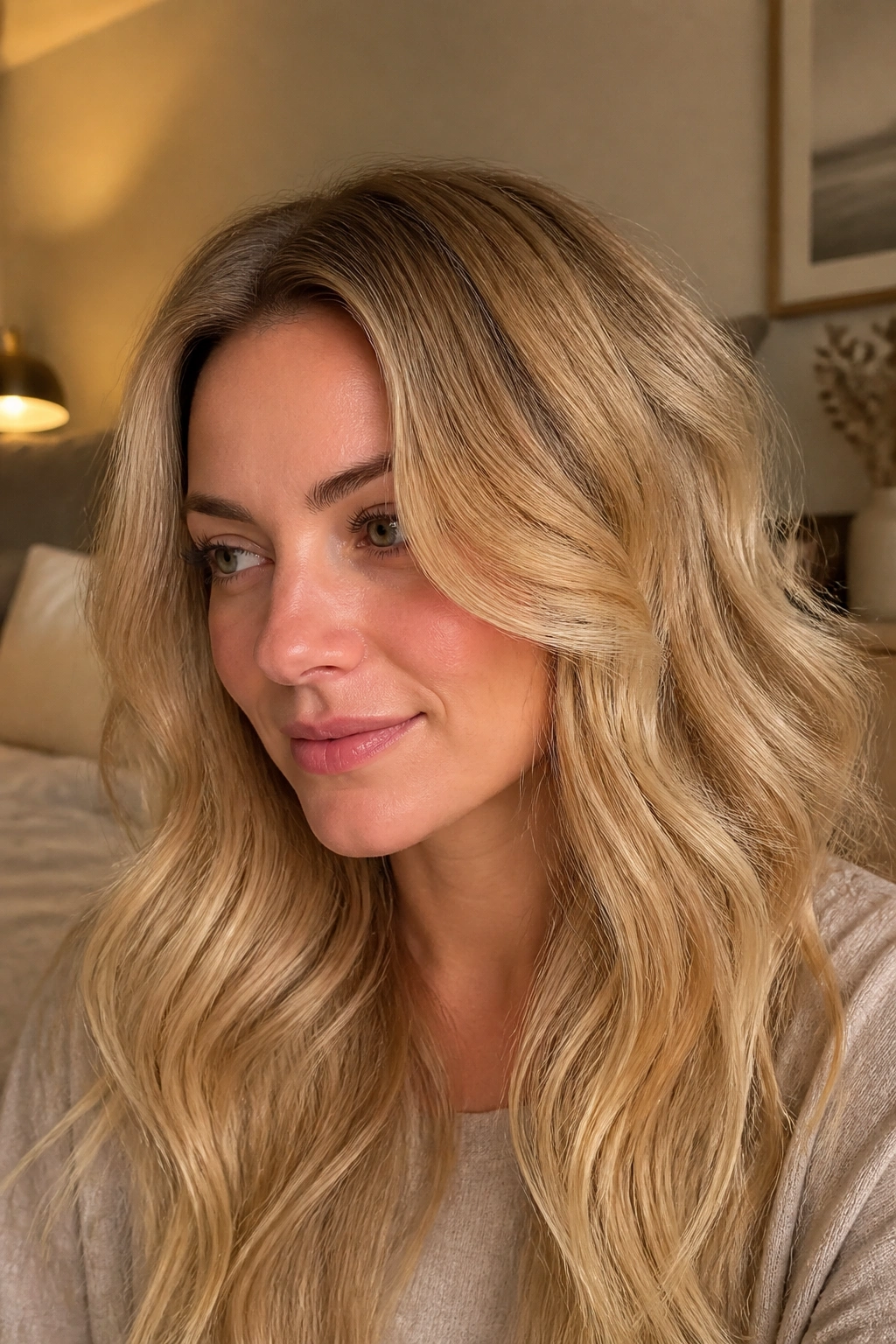 Close-up of a real person with beige blonde and soft root shadow in warm light