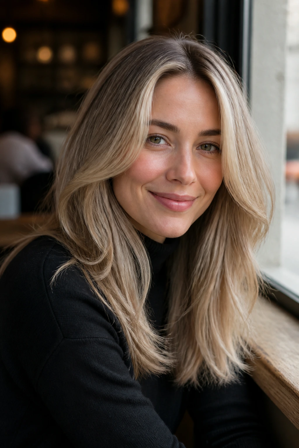 Close-up of a real woman with beige blonde hair and soft root shadow for a balanced, calm blonde.