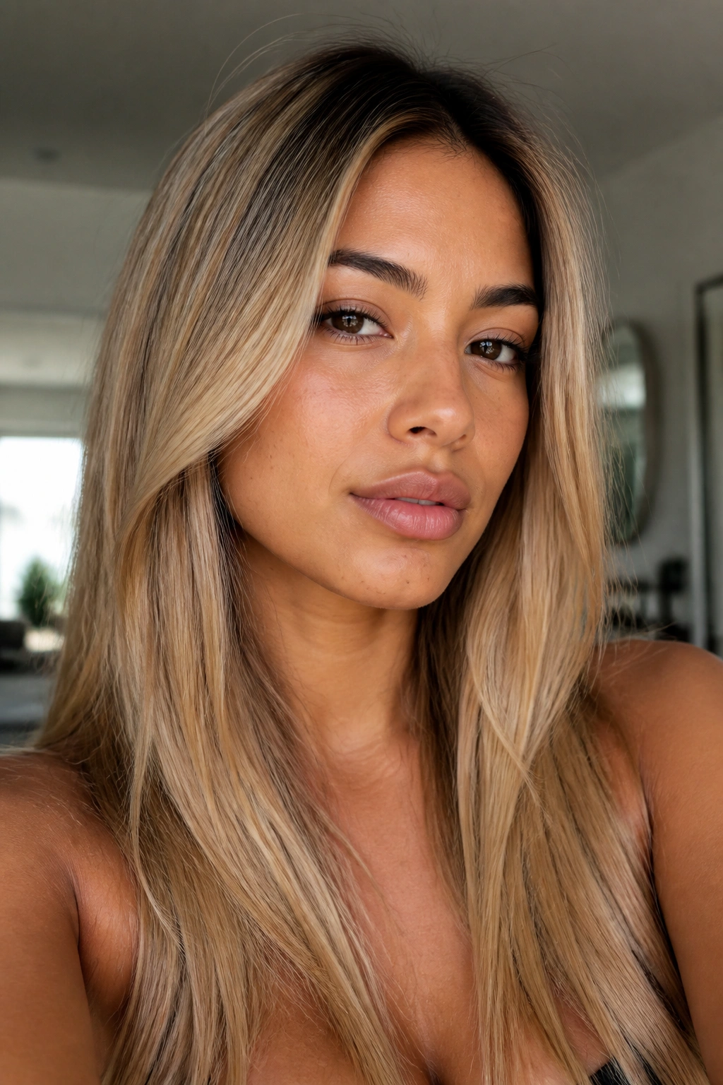 Close-up portrait of a real woman with beige blonde and shadow root