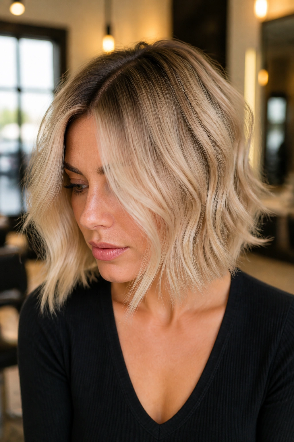 Close-up of a real woman with beige blonde shadow root on a textured lob in natural window light