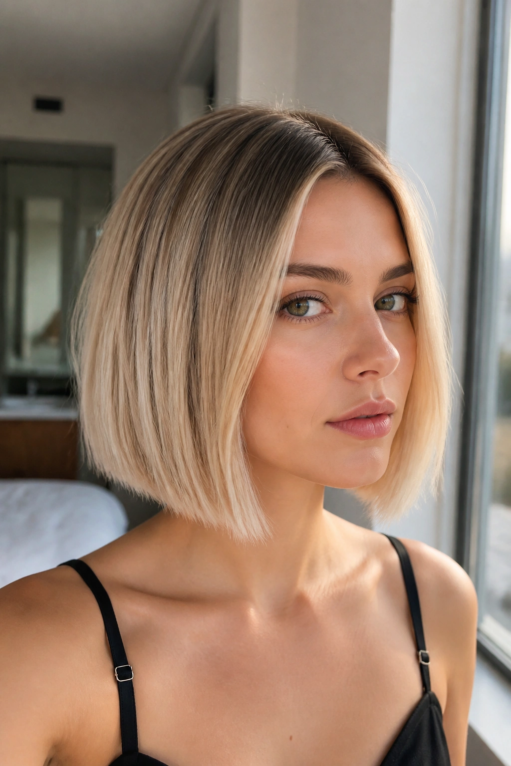 Close-up portrait of a real person with beige blonde and shadow root on a blunt bob.