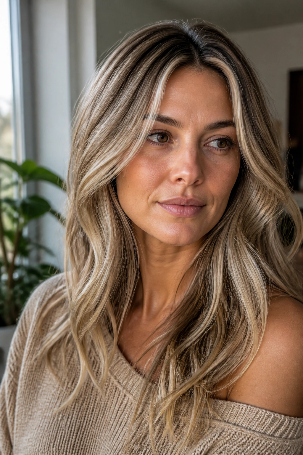 Real woman's head with beige blonde veil highlights creating soft warm glow