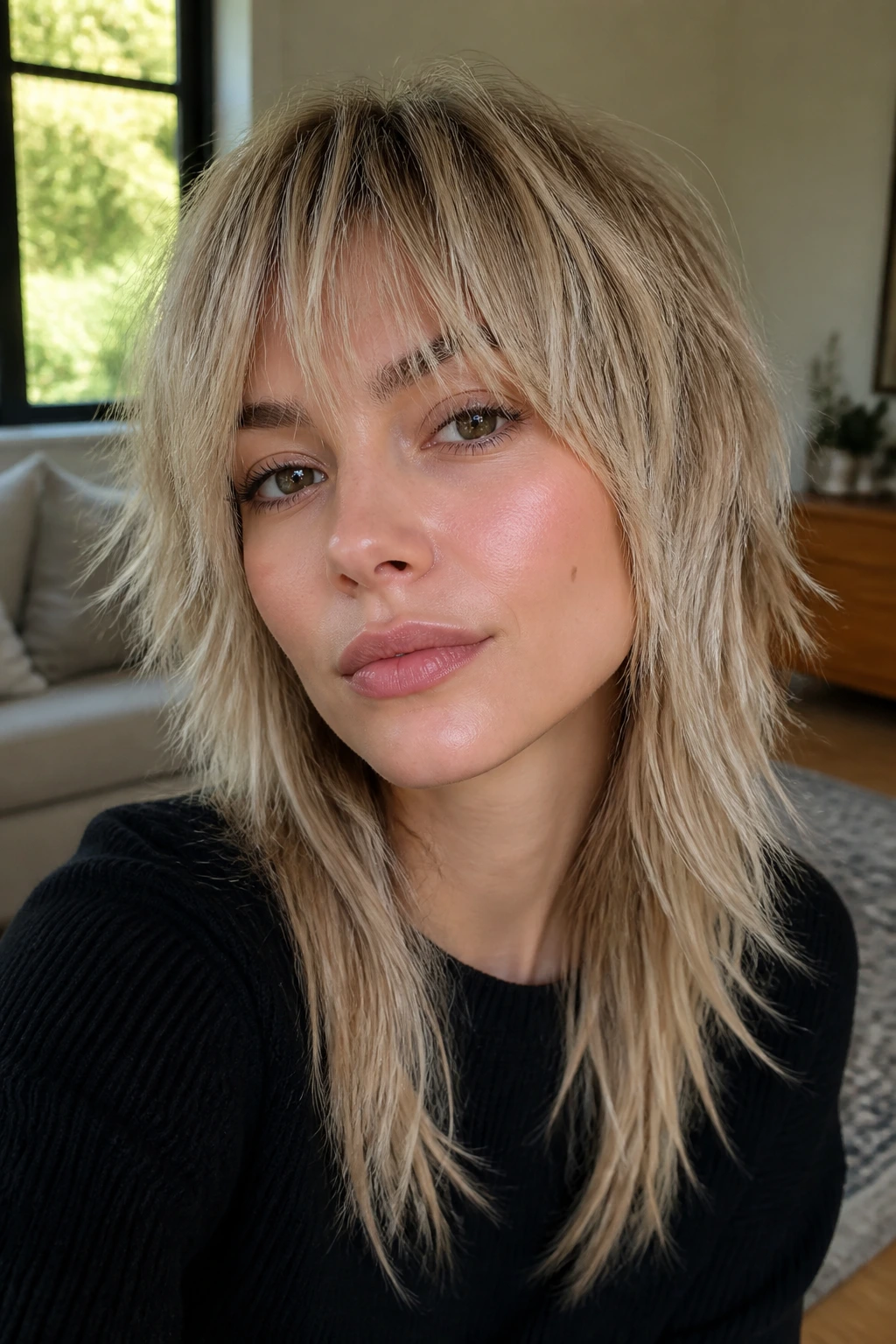 Close-up of real woman with beige blonde wolf cut and piecey bangs in casual living room light.