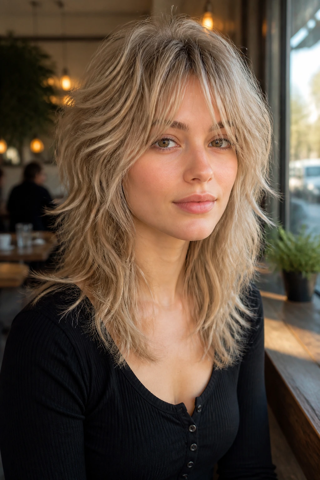 Close-up of a real person with wavy beige blonde wolf cut and piecey texture