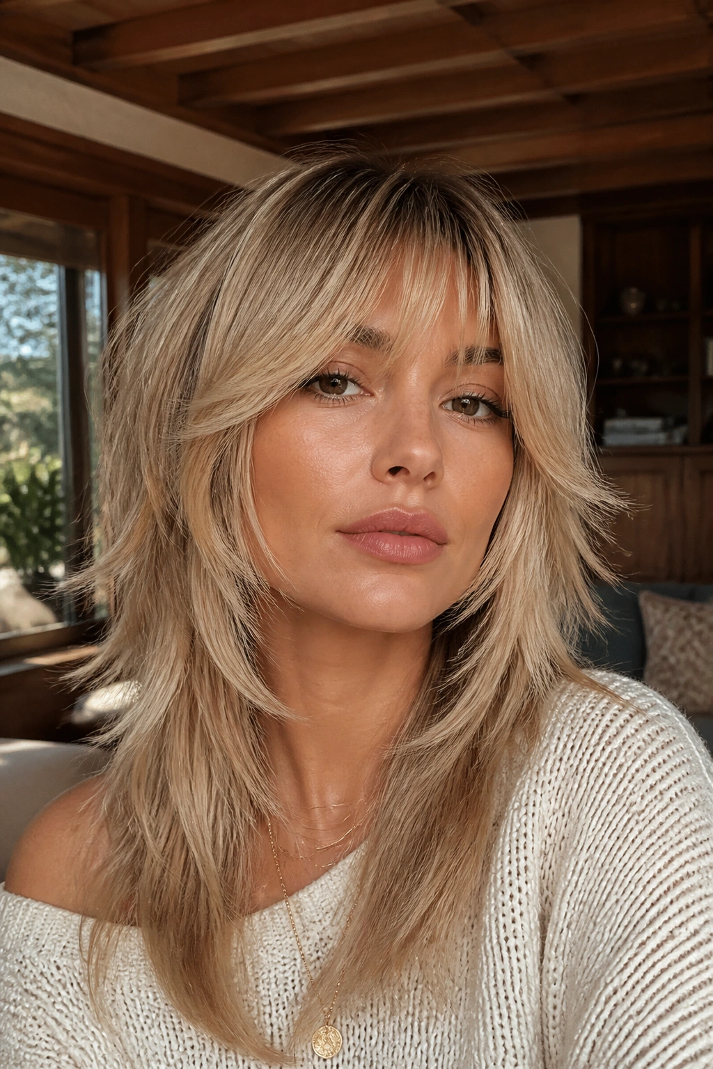 Close-up portrait of a real person with beige blonde bottleneck bang wolf cut