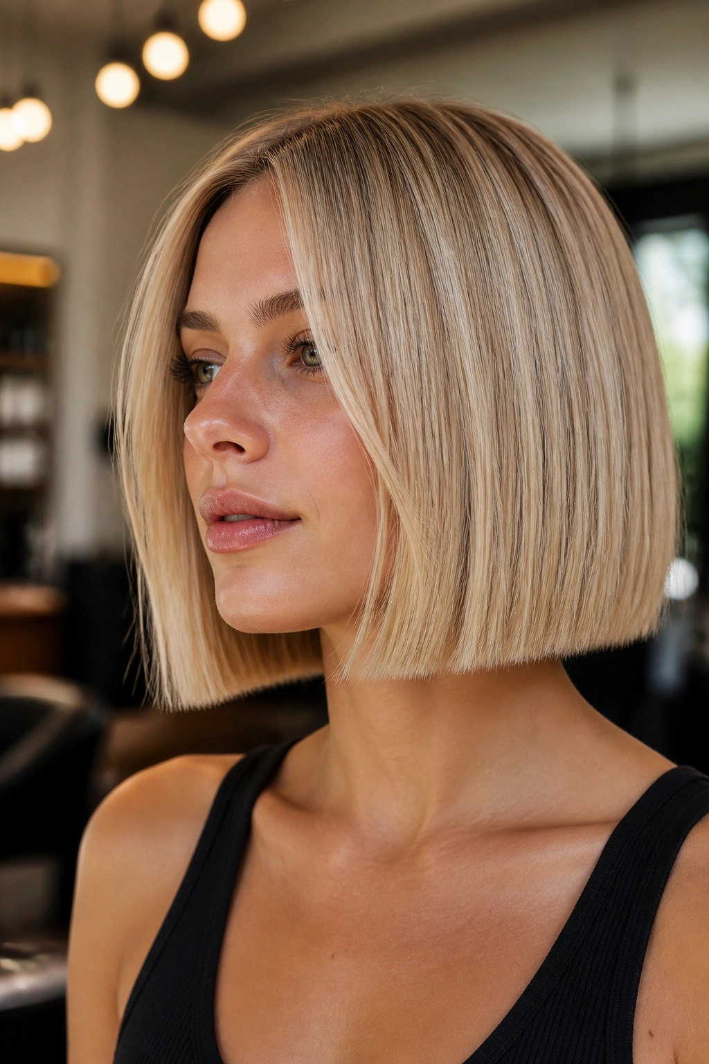 Close-up of a real woman with beige bob blonde in a salon setting