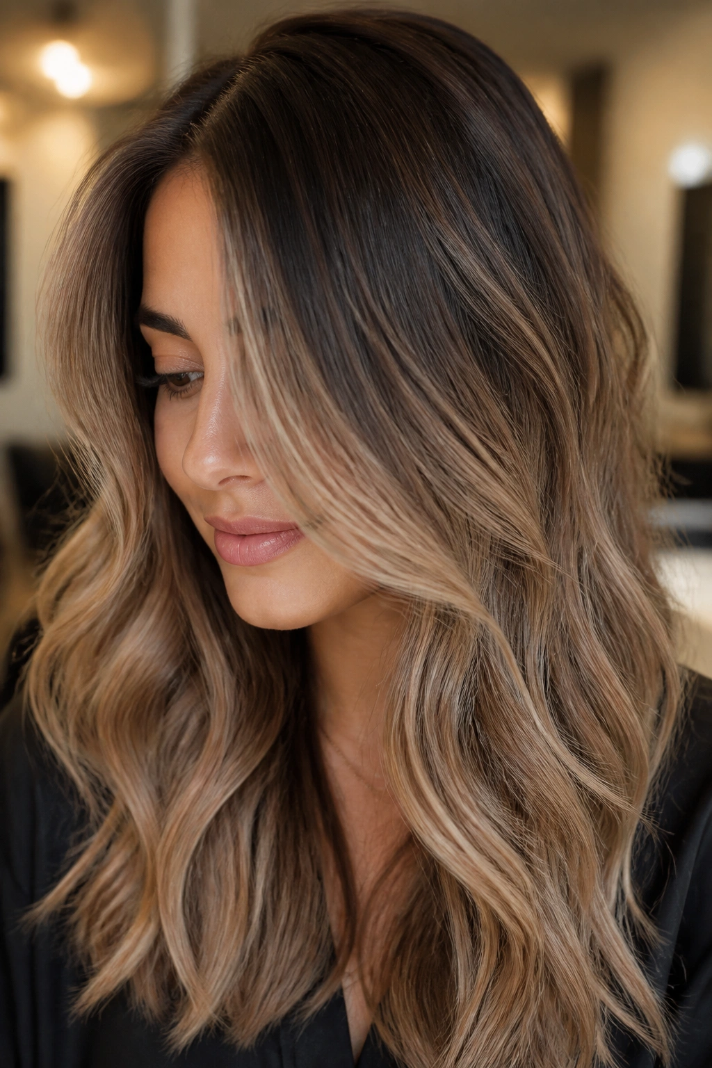 Brunette hair in beige bronde tones with soft neutral lighting