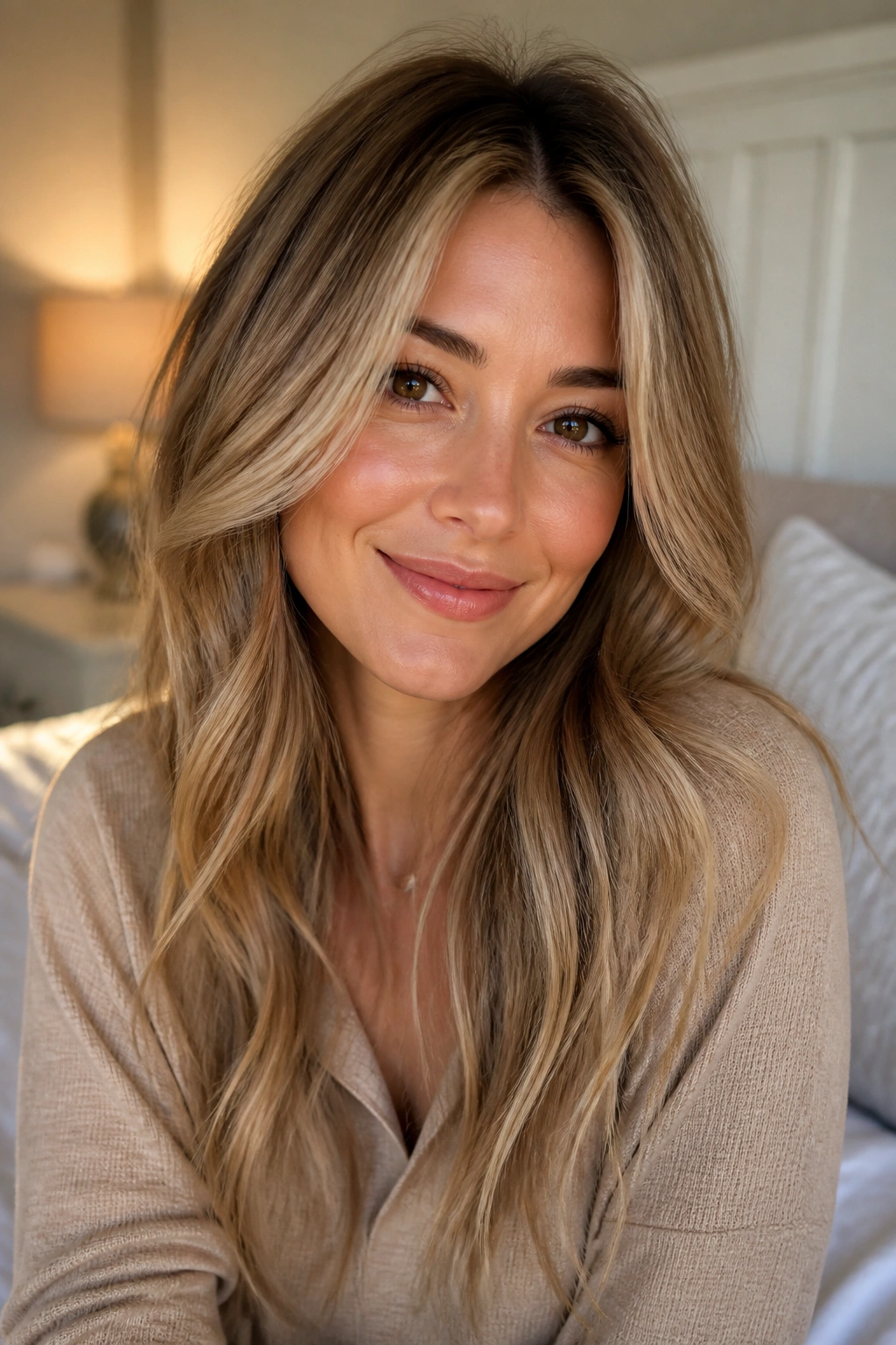 Close-up of a woman with beige bronde hair framing her face in a cozy bedroom