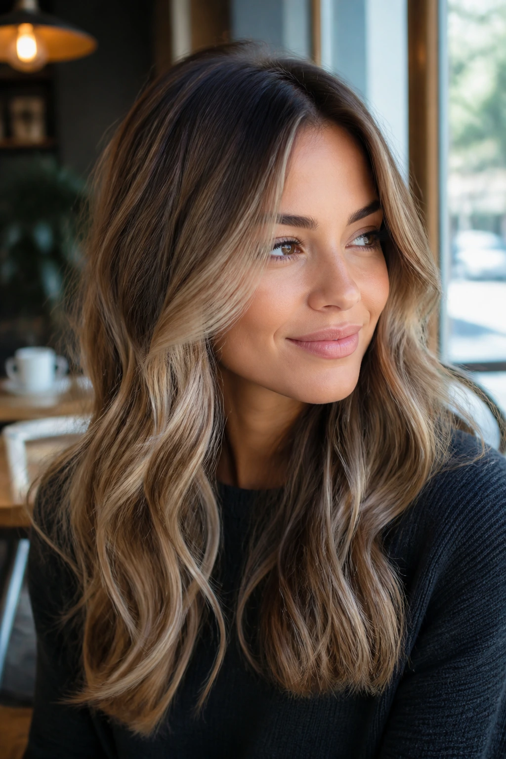 Close-up of a real woman with beige bronde highlights on a lighter brunette