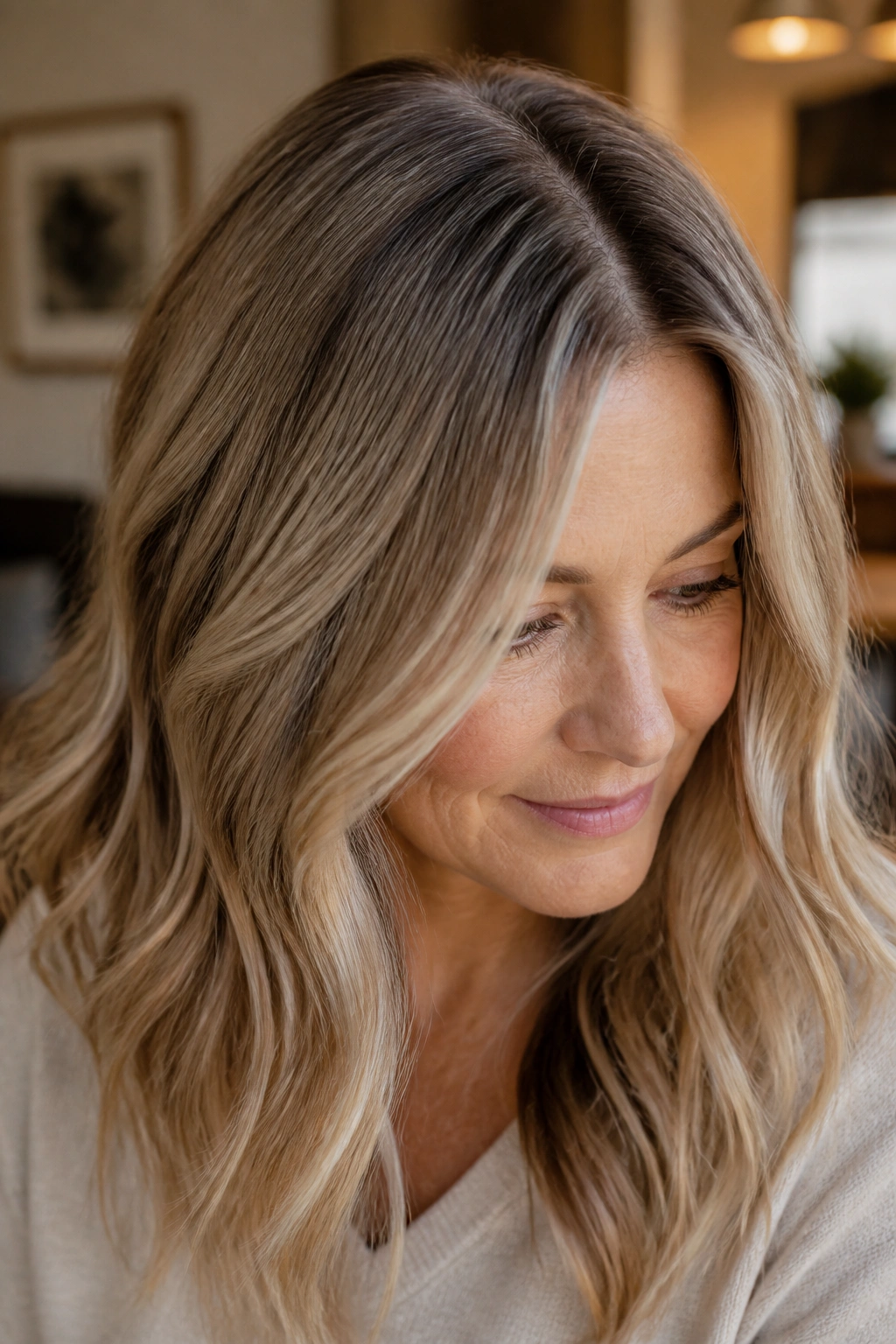 Close-up of beige-bronde hair with a soft root tap and visible grey roots