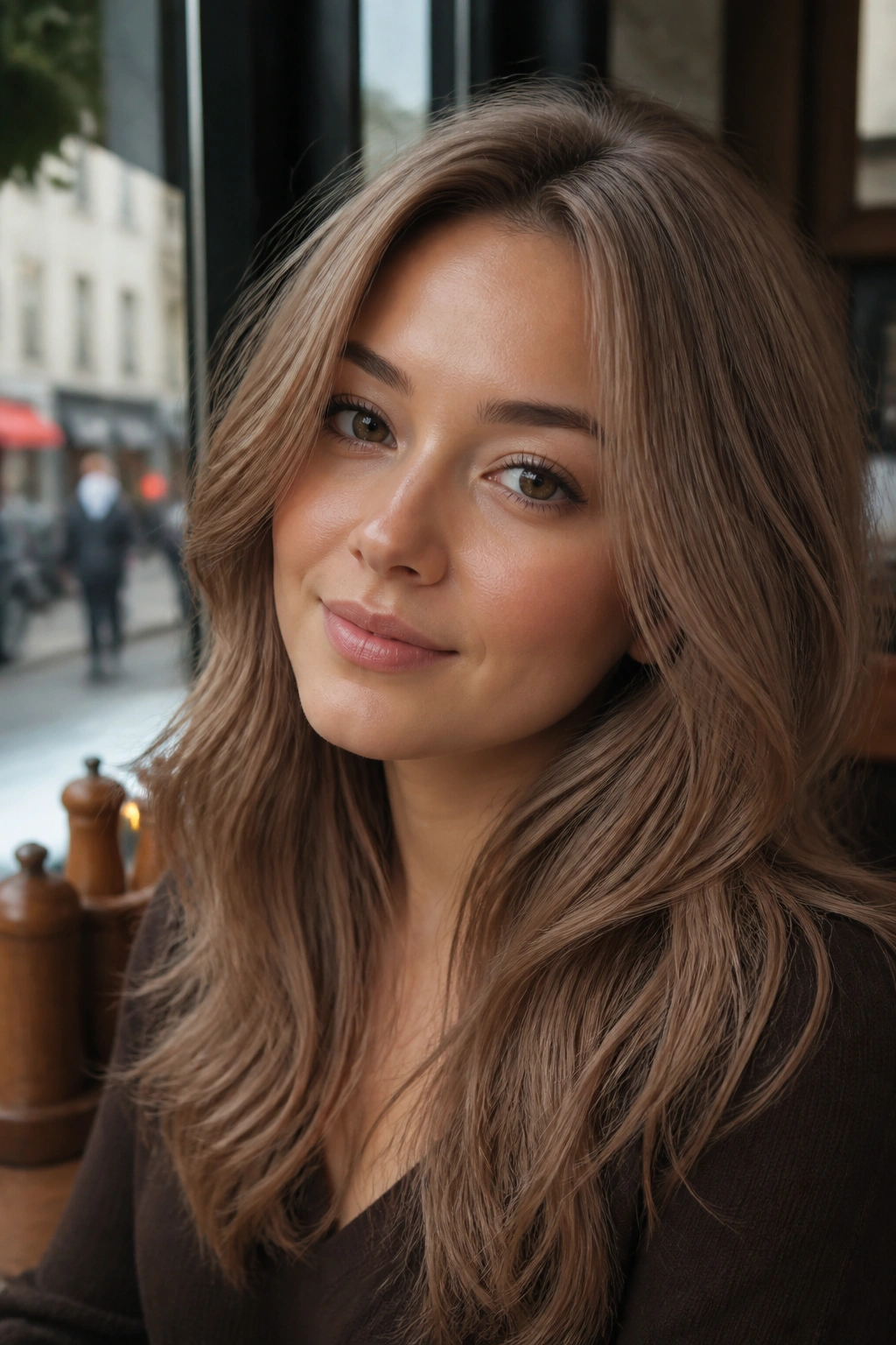 Close-up of a real woman with beige brown hair in a creamy, soft finish
