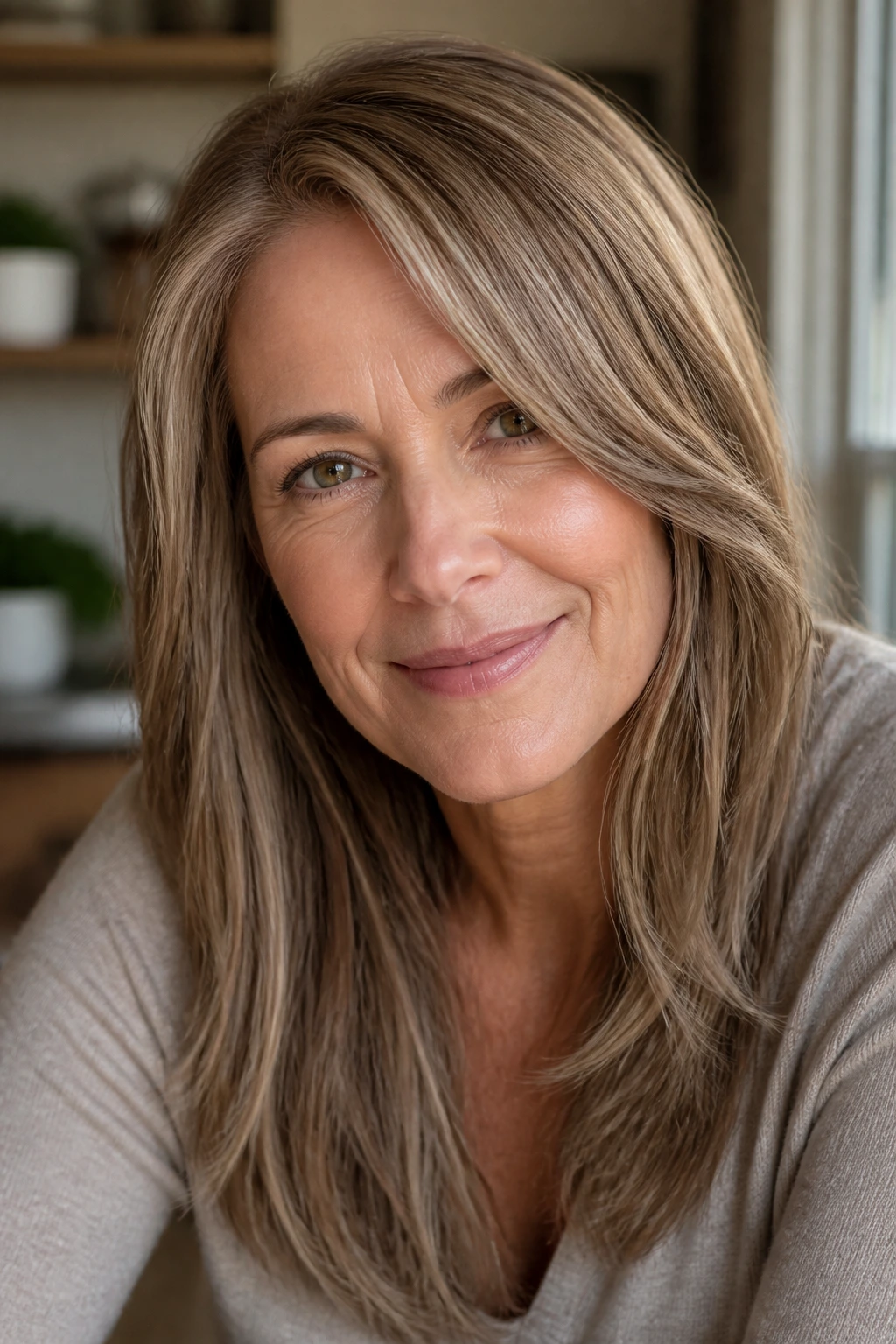 Close-up portrait of a real woman with beige brown hair and micro-lights