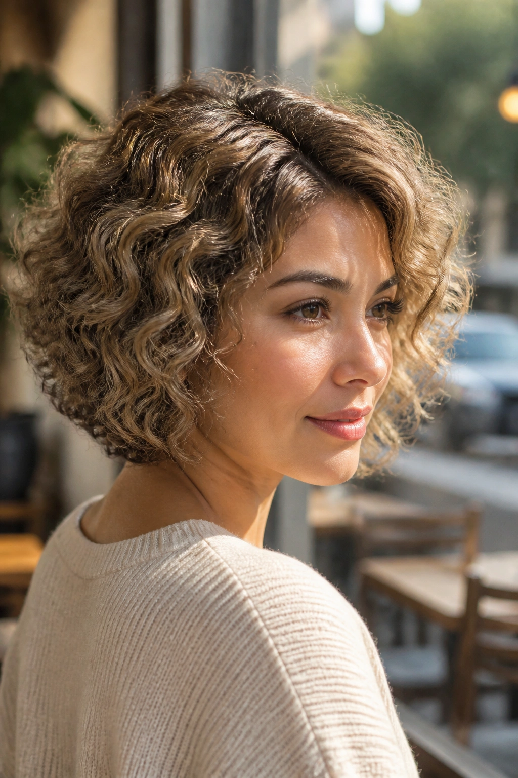Close-up portrait of a real woman with beige brown shadow root on curly tapered bob