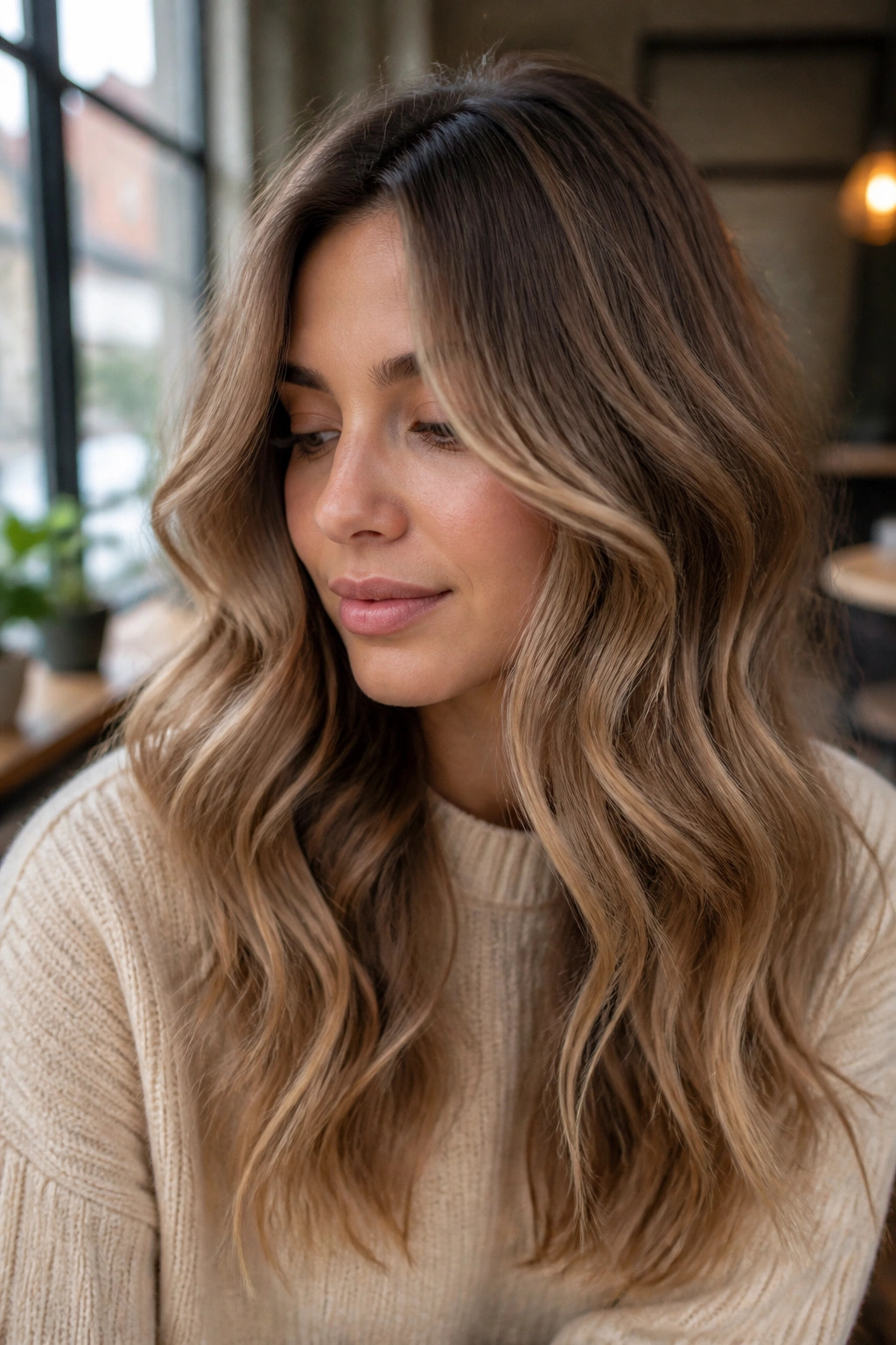Close-up of a real person with soft beige brown hair and subtle balayage waves