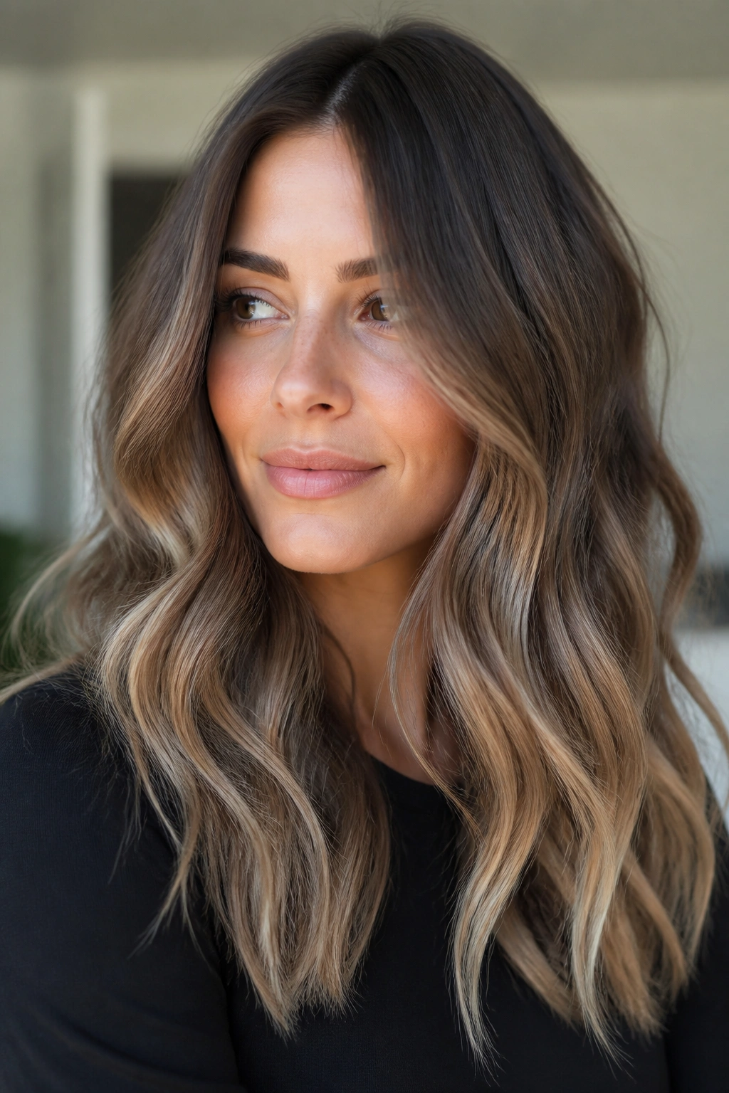 Beige brunette with champagne ends close-up.