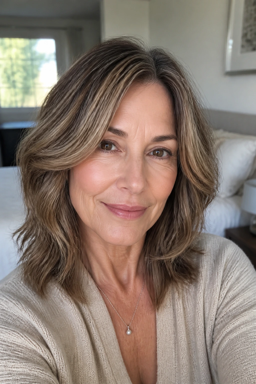 Close-up portrait of a real woman with Beige Brunette for Fine Hair in bright window light.