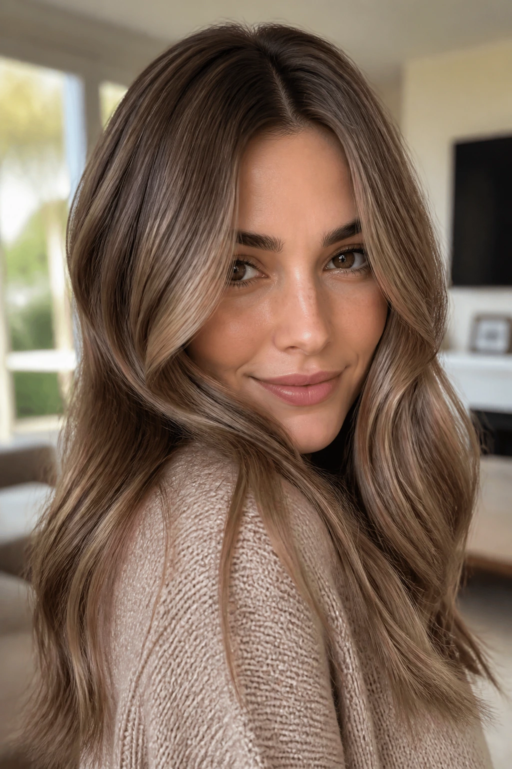 Close-up of real woman's beige brunette hair in a soft creamy tone with subtle ribbons