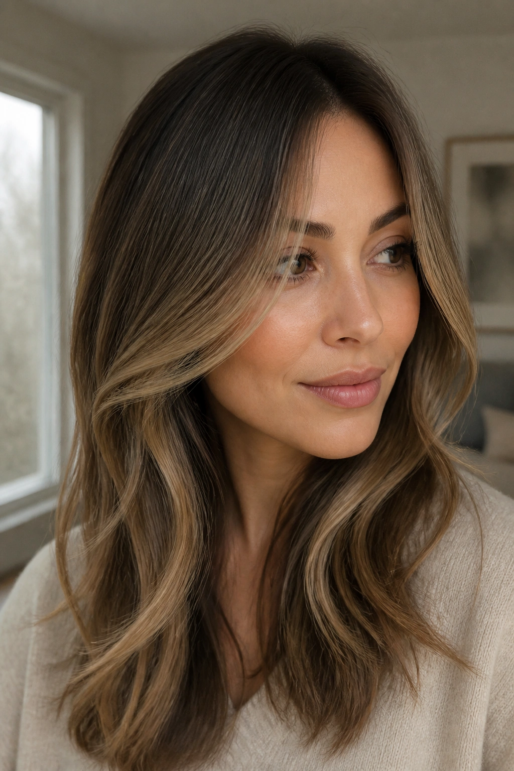 Close-up of ash brunette with beige caramel highlights