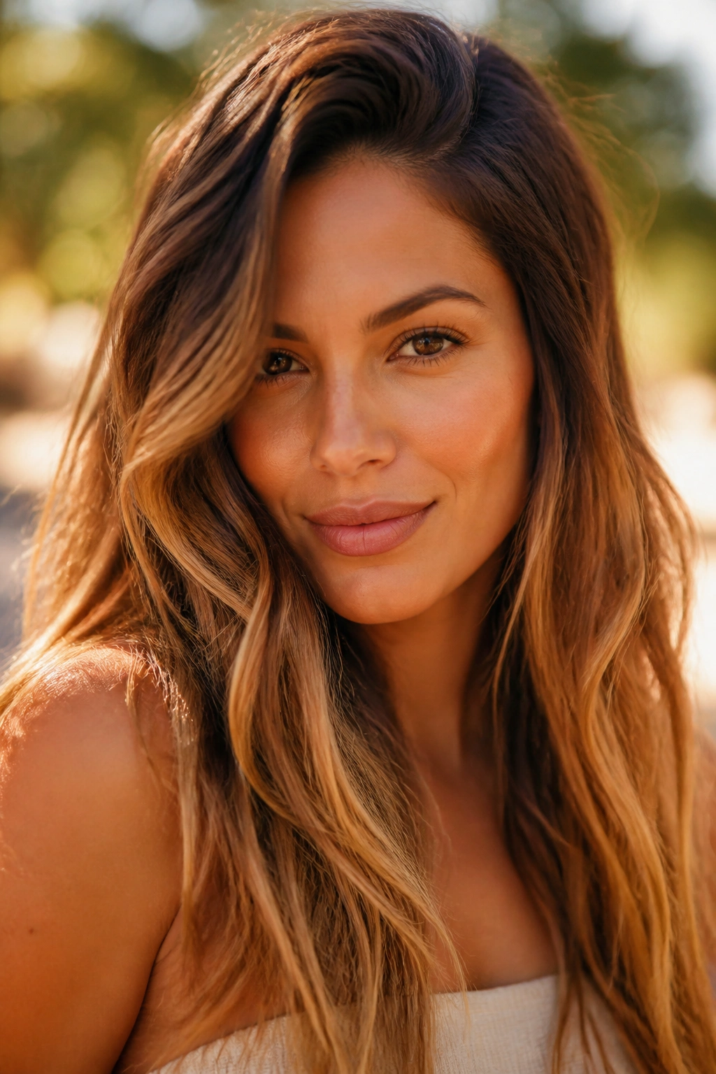 Beige copper balayage on brunette with warm complexion