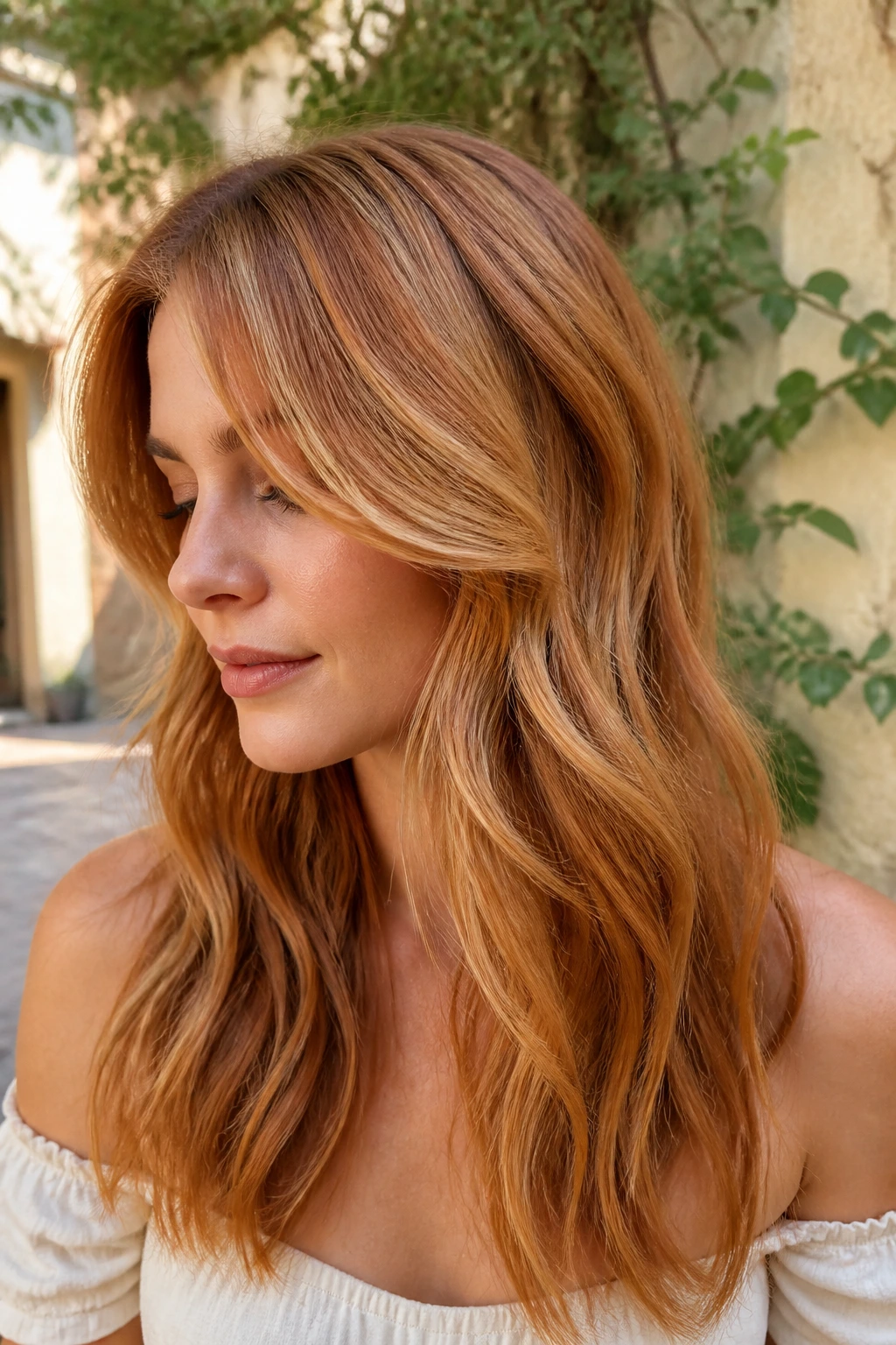 Close-up of a real woman with beige copper hair and gold-beige depth