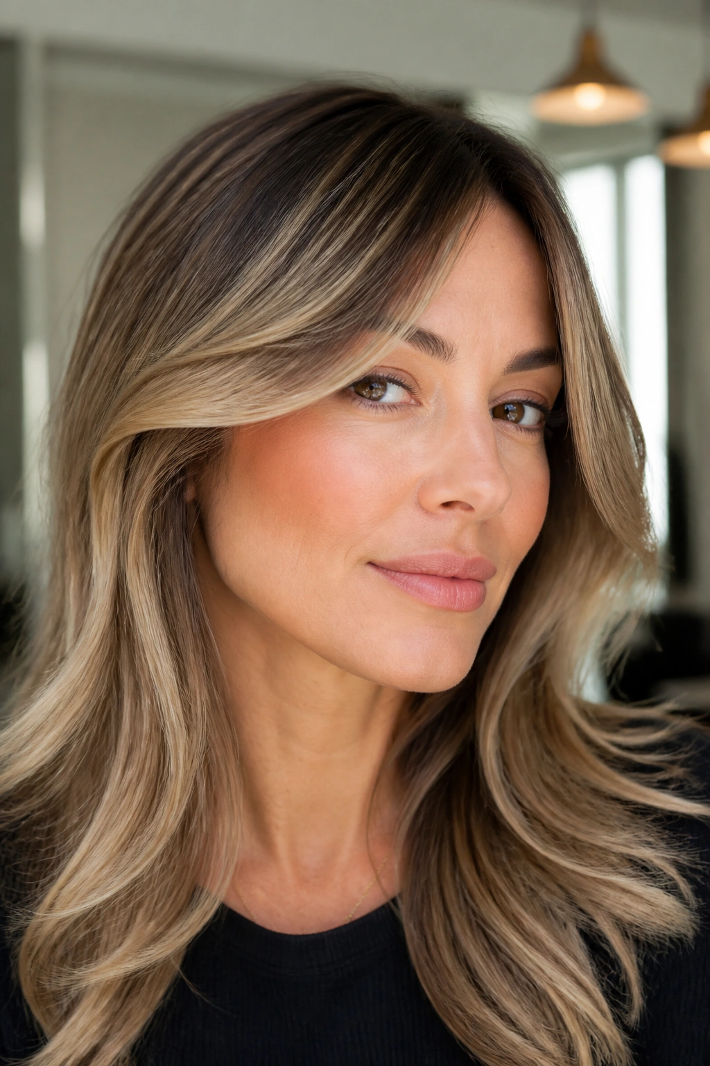 Close-up of face with beige-gold contour highlighting cheekbones and jaw