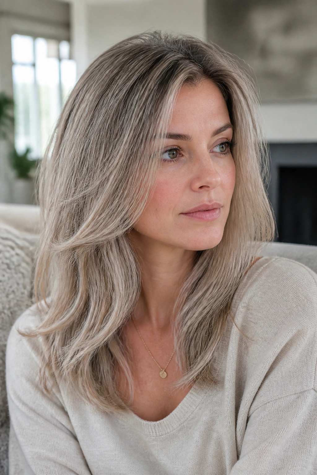 Close-up of a real woman with beige-gray blonde featuring cool beige with gray undertones.