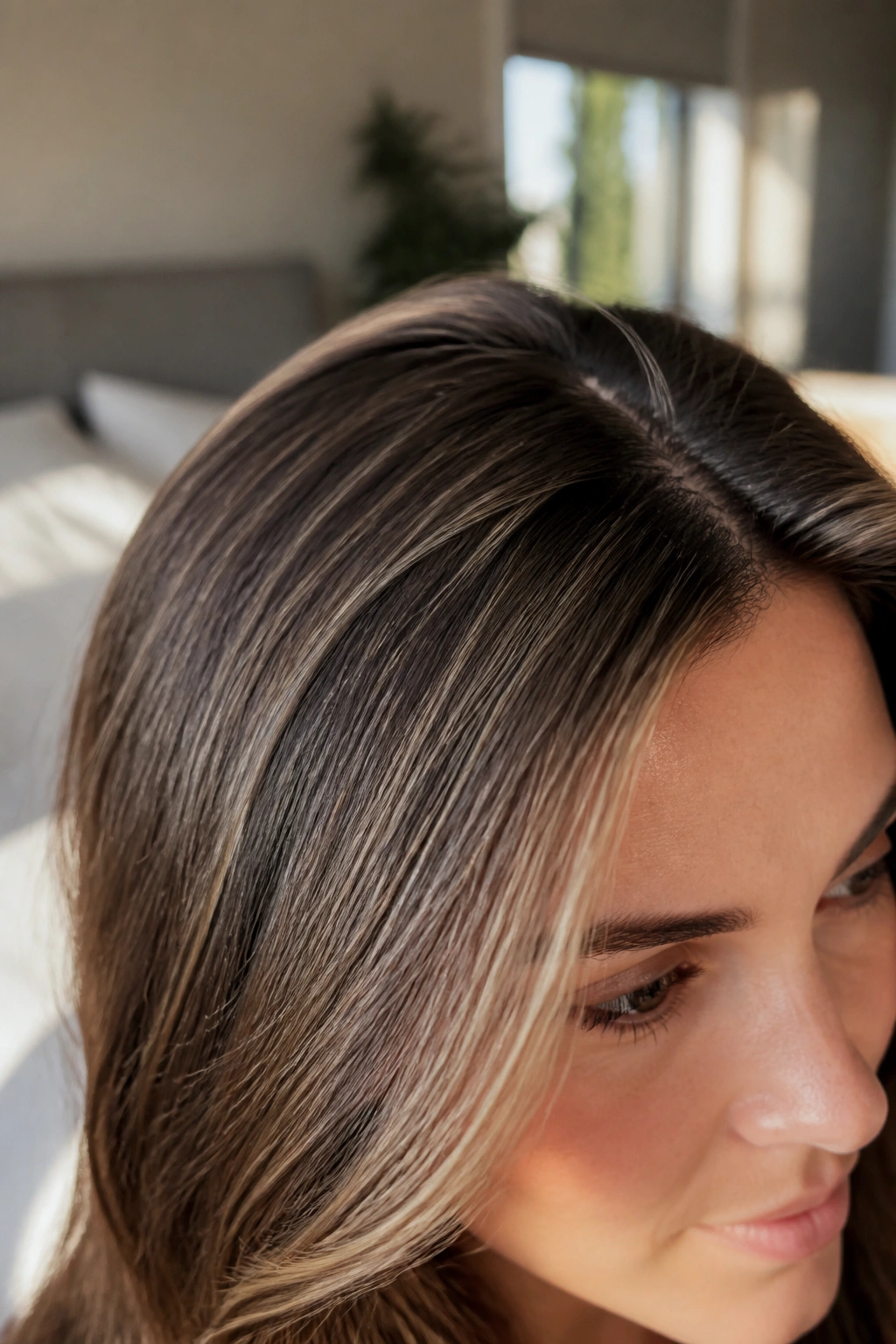 Close-up of brunette with beige micro-highlights for texture